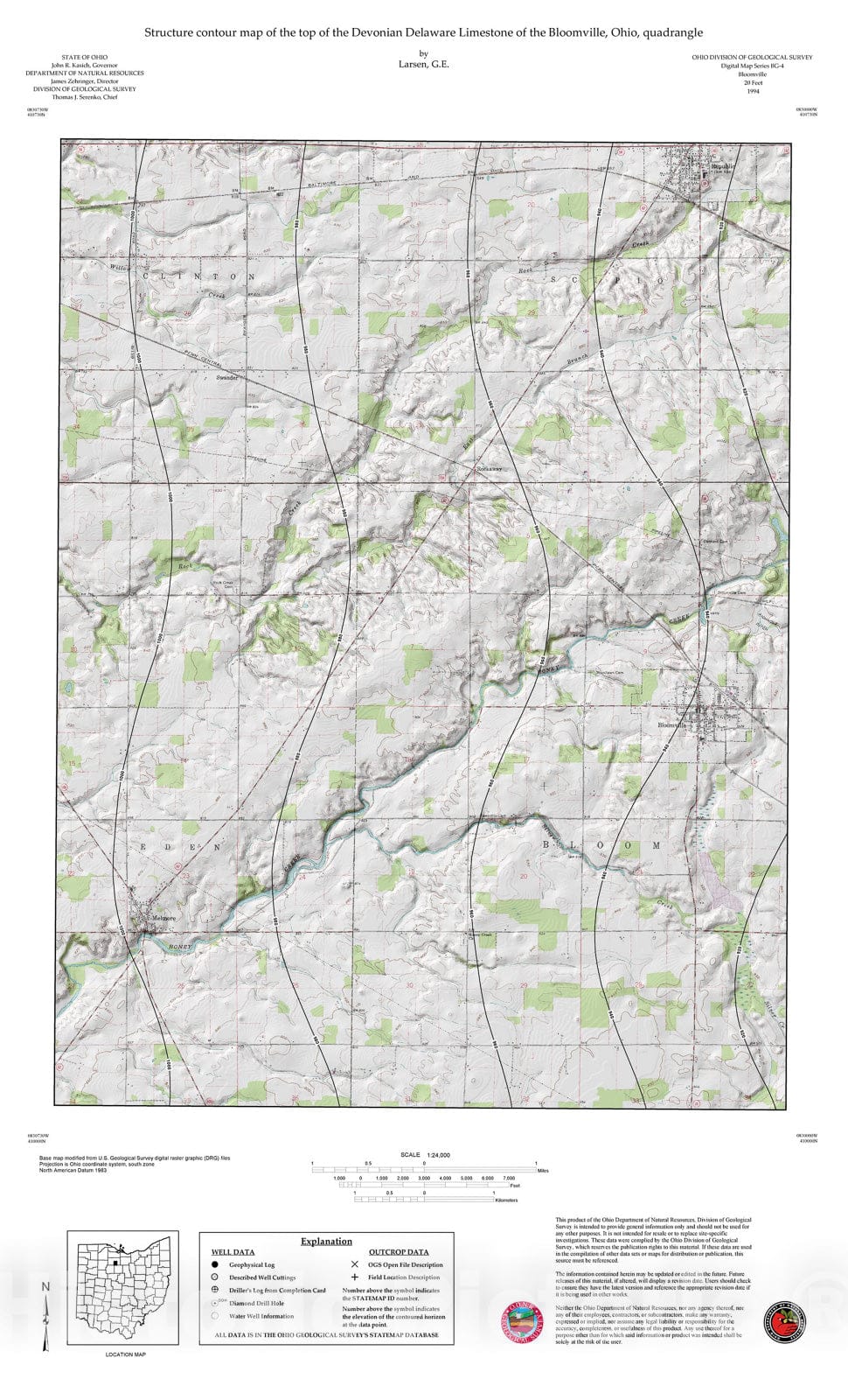 Map : Structure contour map of the top of the Devonian Delaware Limestone of the Bloomville, Ohio, quadrangle, 1994 Cartography Wall Art :