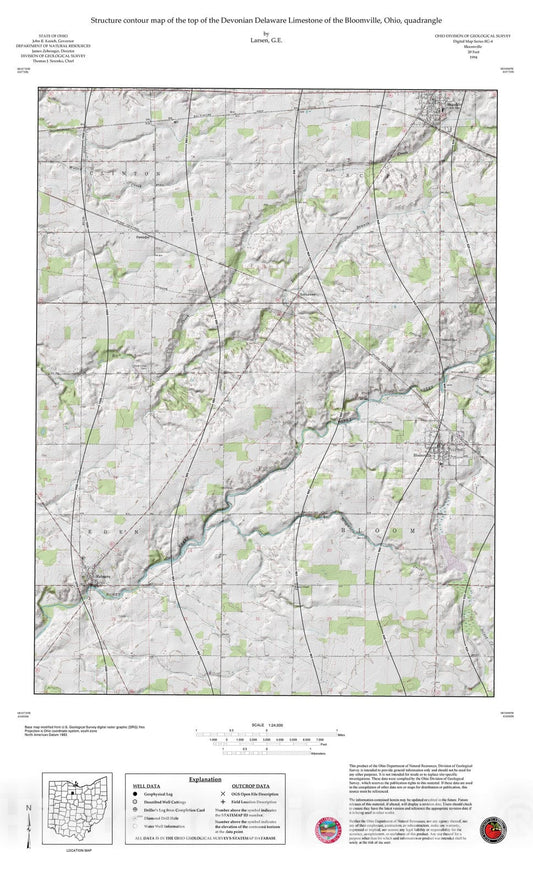 Map : Structure contour map of the top of the Devonian Delaware Limestone of the Bloomville, Ohio, quadrangle, 1994 Cartography Wall Art :