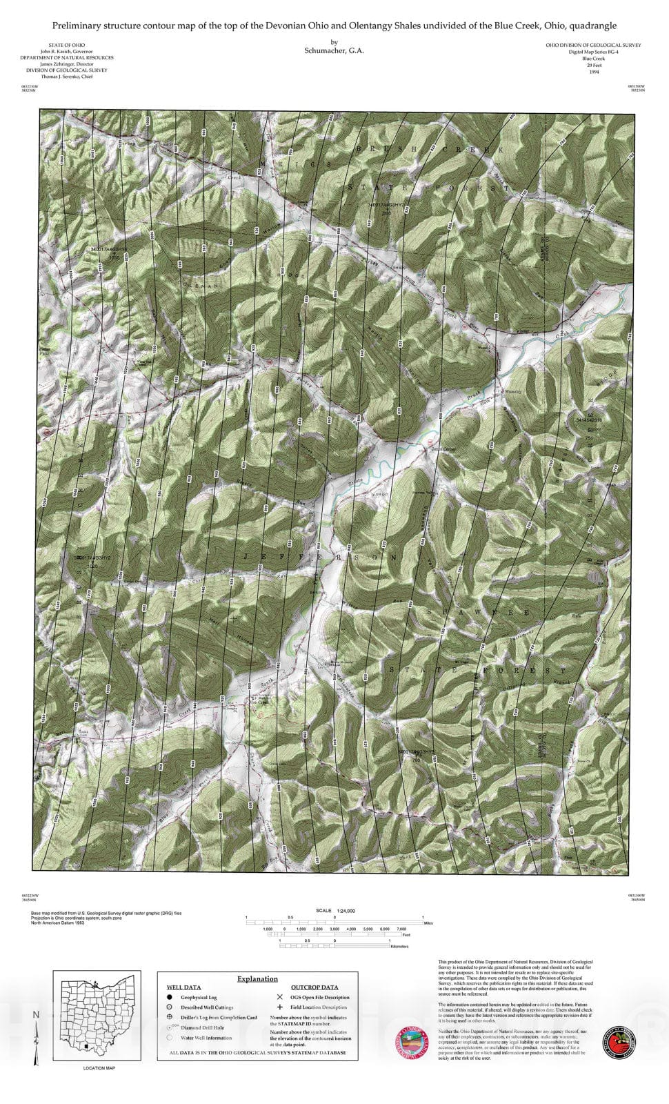 Map : Preliminary structure contour map of the top of the Devonian Ohio and Olentangy Shales undivided of the Blue Creek, Ohio, quadrangle, 1994 Cartography Wall Art :