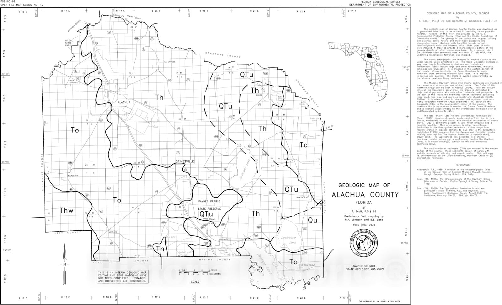 Map : Geologic map of Alachua County, Florida, 1992 Cartography Wall Art :