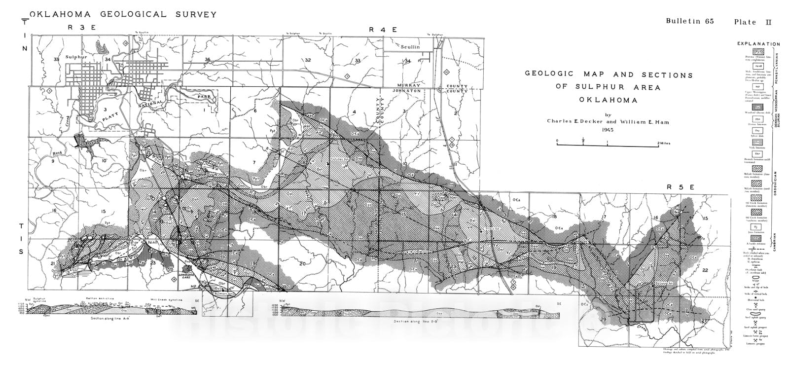 Map : Plate 2. Geologic map and section of Sulphur area, Oklahoma, 1945 Cartography Wall Art :