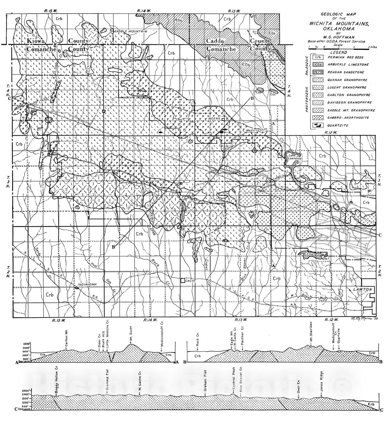 Map : Geologic map of the Wichita Mountains, Oklahoma, 1930 Cartography Wall Art :