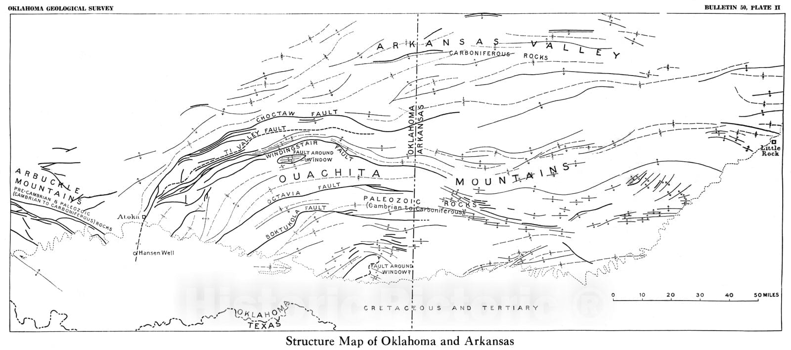Map : Structure map of Oklahoma and Arkansas, 1929 Cartography Wall Art :