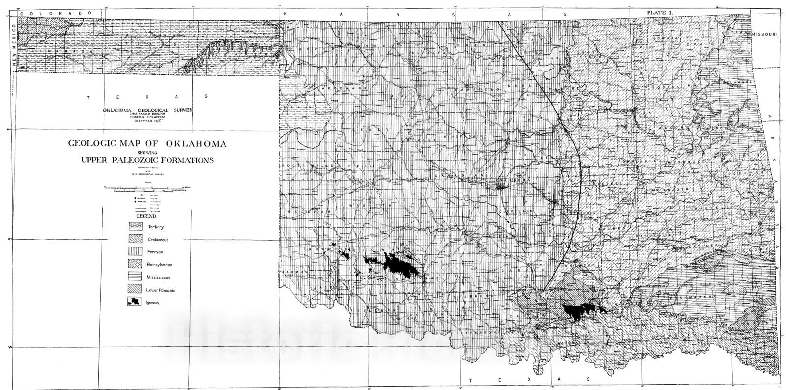 Map : Plate 1. Geologic map of Oklahoma showing upper Paleozoic formations, 1927 Cartography Wall Art :