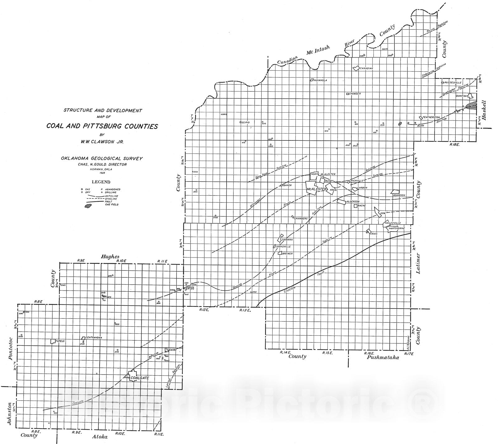 Map : Plate 34. Structure and development map of Coal and Pittsburg Counties, 1928 Cartography Wall Art :