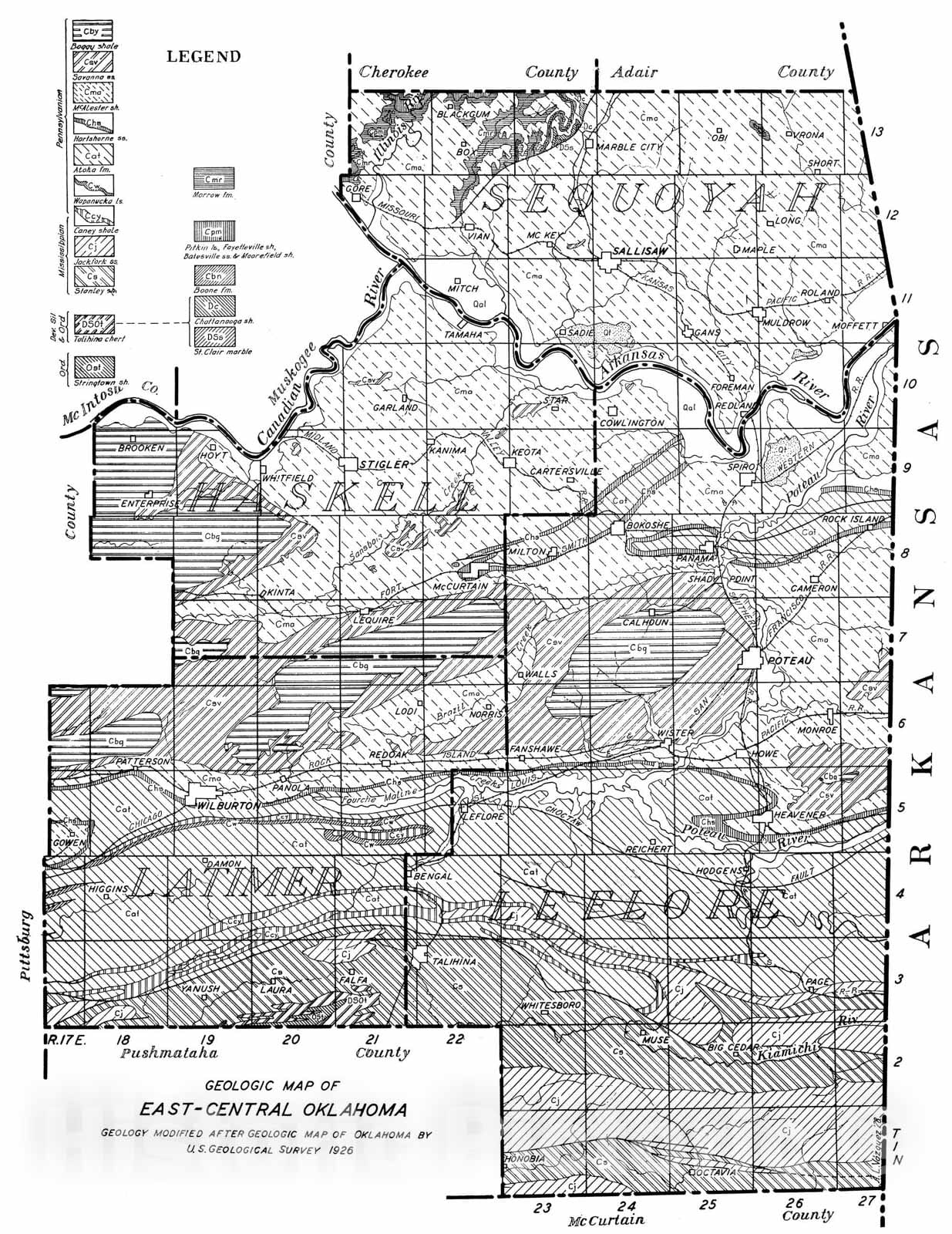 Map : Plate 36. Geologic map of east-central Oklahoma, 1928 Cartography Wall Art :