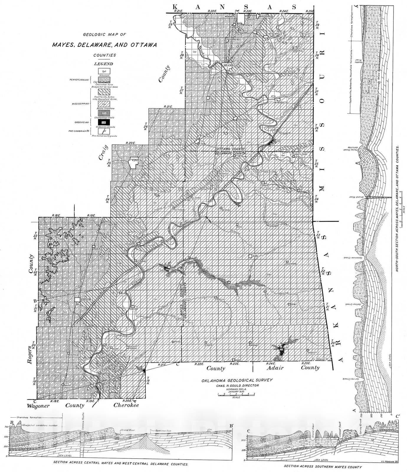Map : Plate 41. Geologic map of Mayes, Delaware, and Ottawa Counties, 1930 Cartography Wall Art :