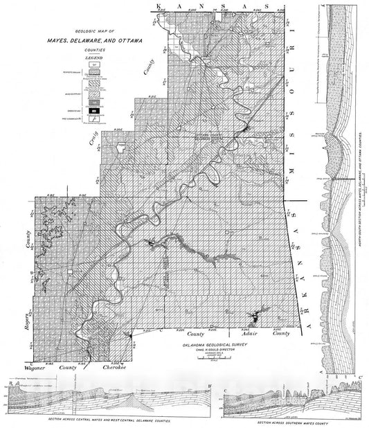 Map : Plate 41. Geologic map of Mayes, Delaware, and Ottawa Counties, 1930 Cartography Wall Art :