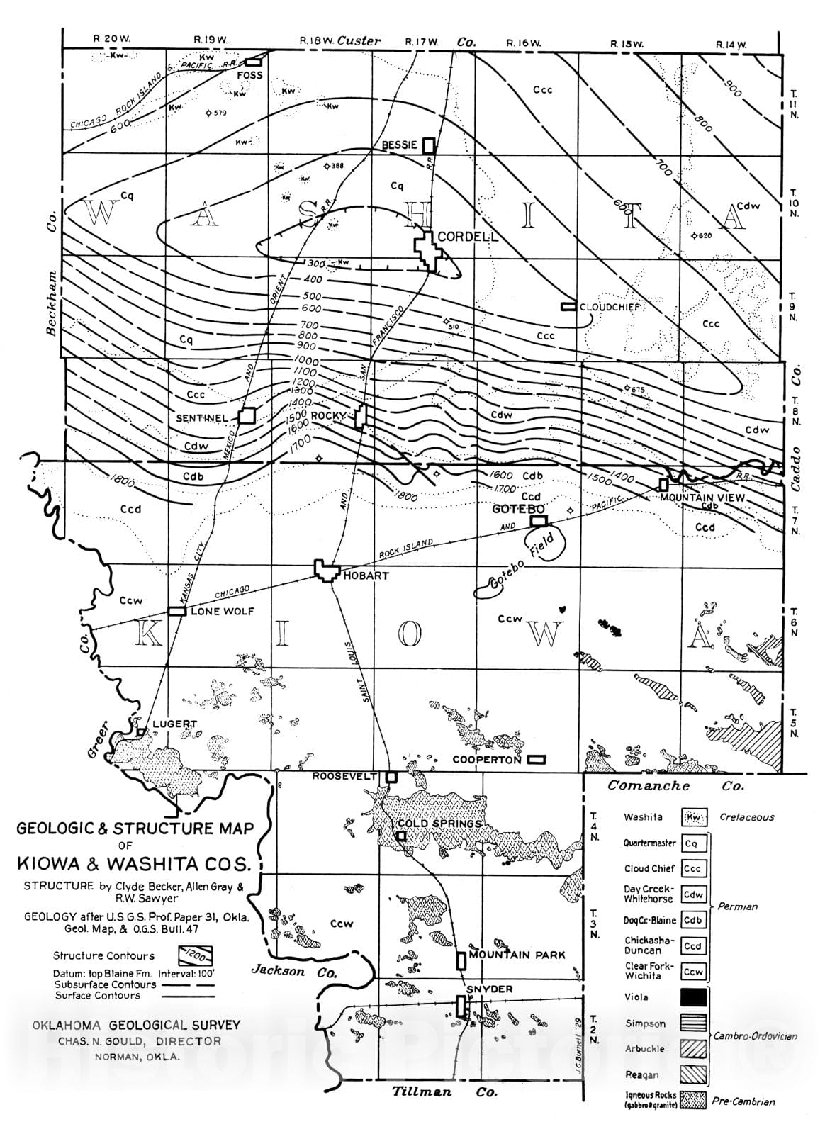 Map : Plate 30. Geologic and structure map of Kiowa and Washita Counties, 1928 Cartography Wall Art :