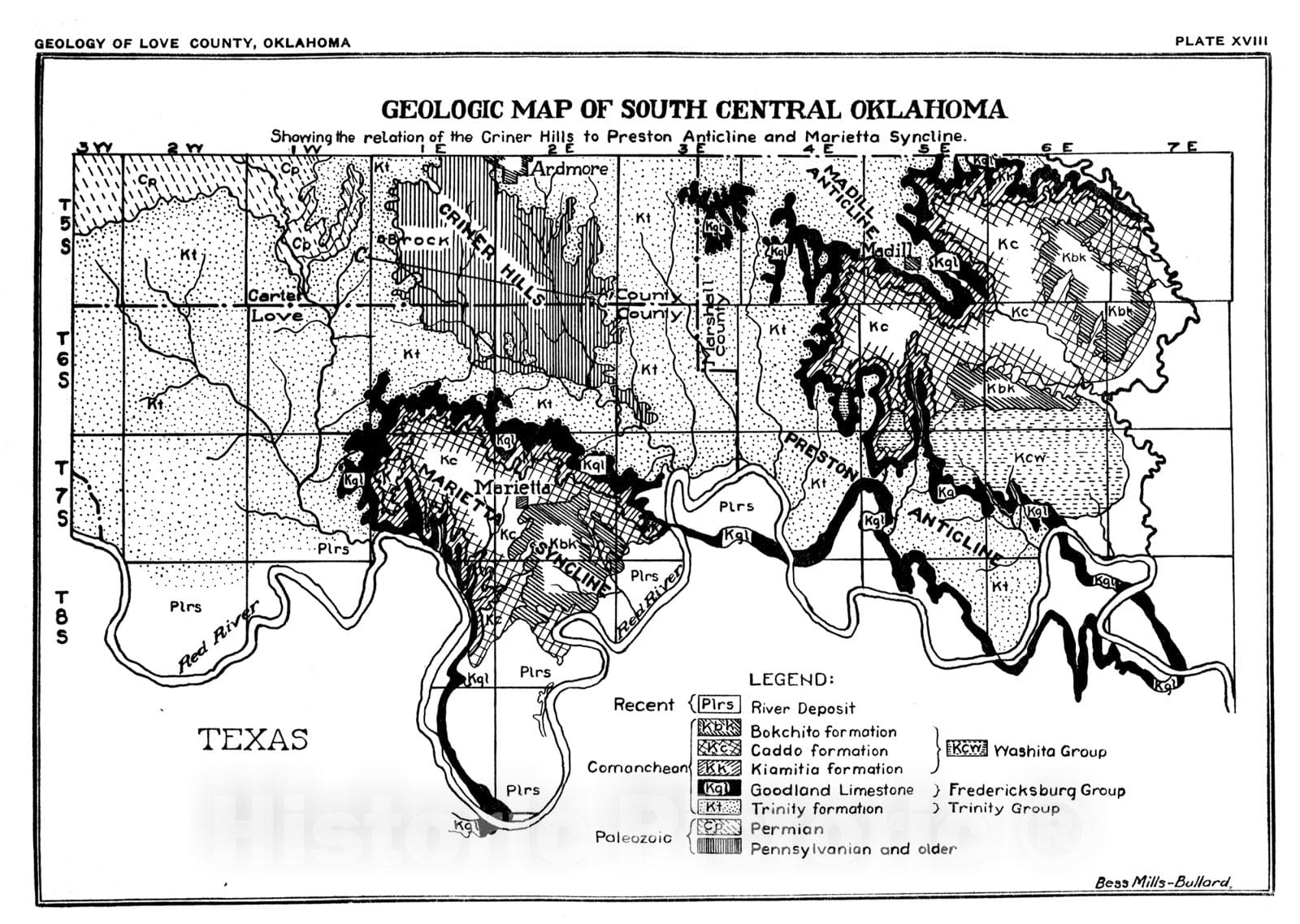 Map : Plate 18. Geologic map of south central Oklahoma, 1925 Cartography Wall Art :