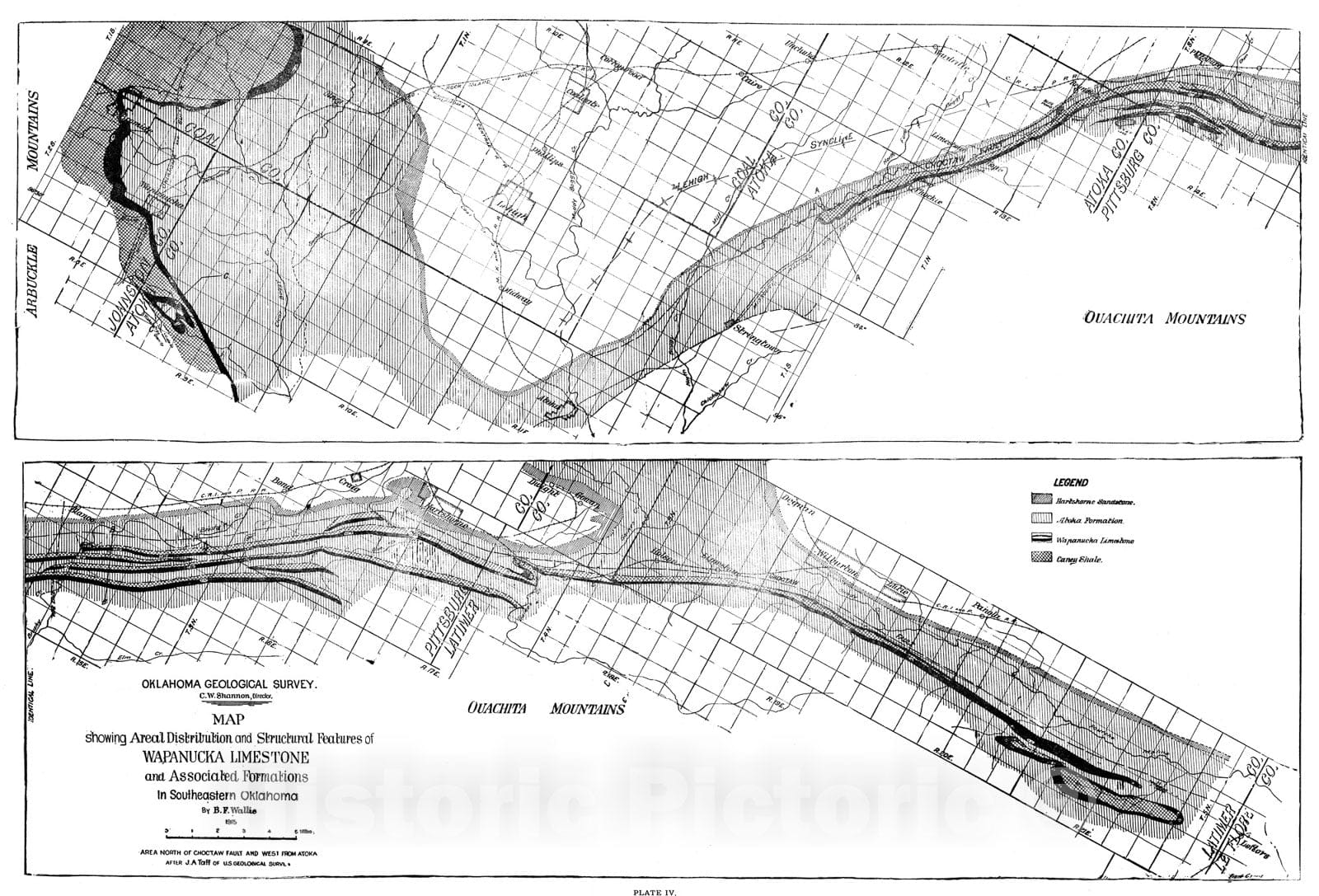 Map : Plate 4. Map showing areal distribution and structural features of Wapanucka limestone and associated formations in southeastern Oklahoma, 1915 Cartography Wall Art :