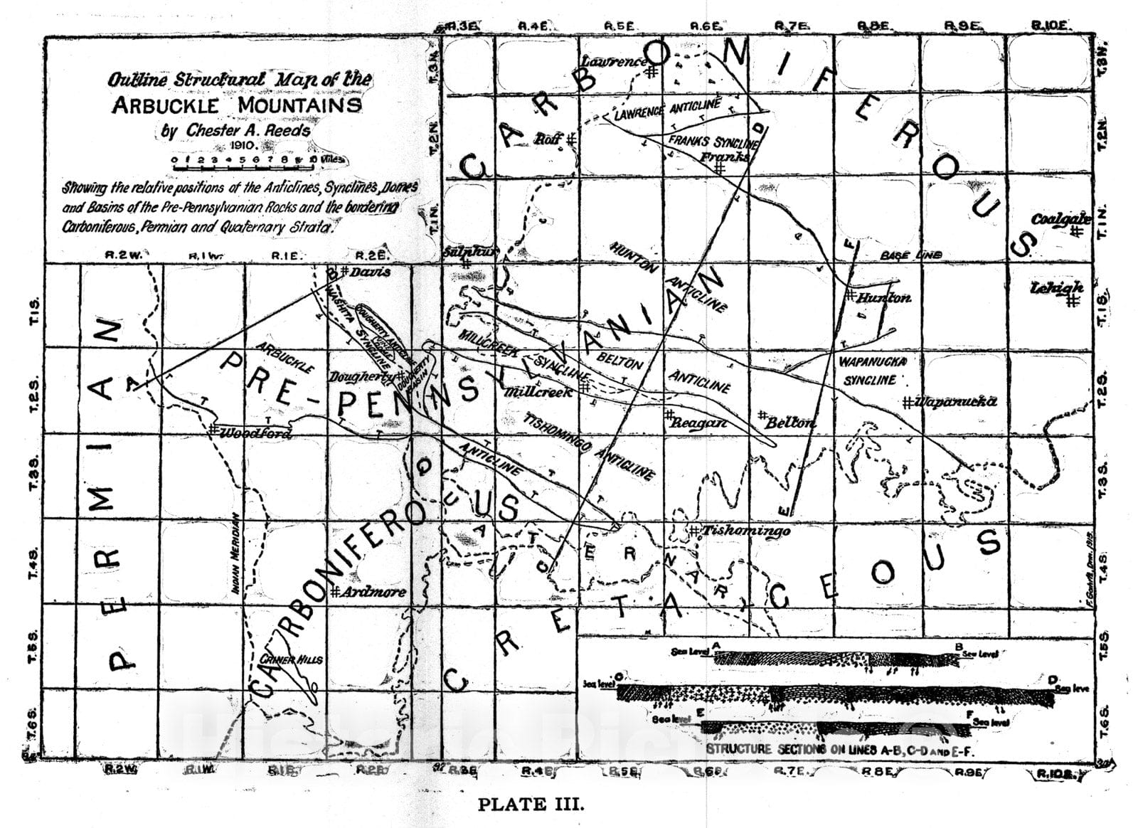 Map : Plate 1. Geologic map of Arbuckle Mountains, 1910 Cartography Wall Art :