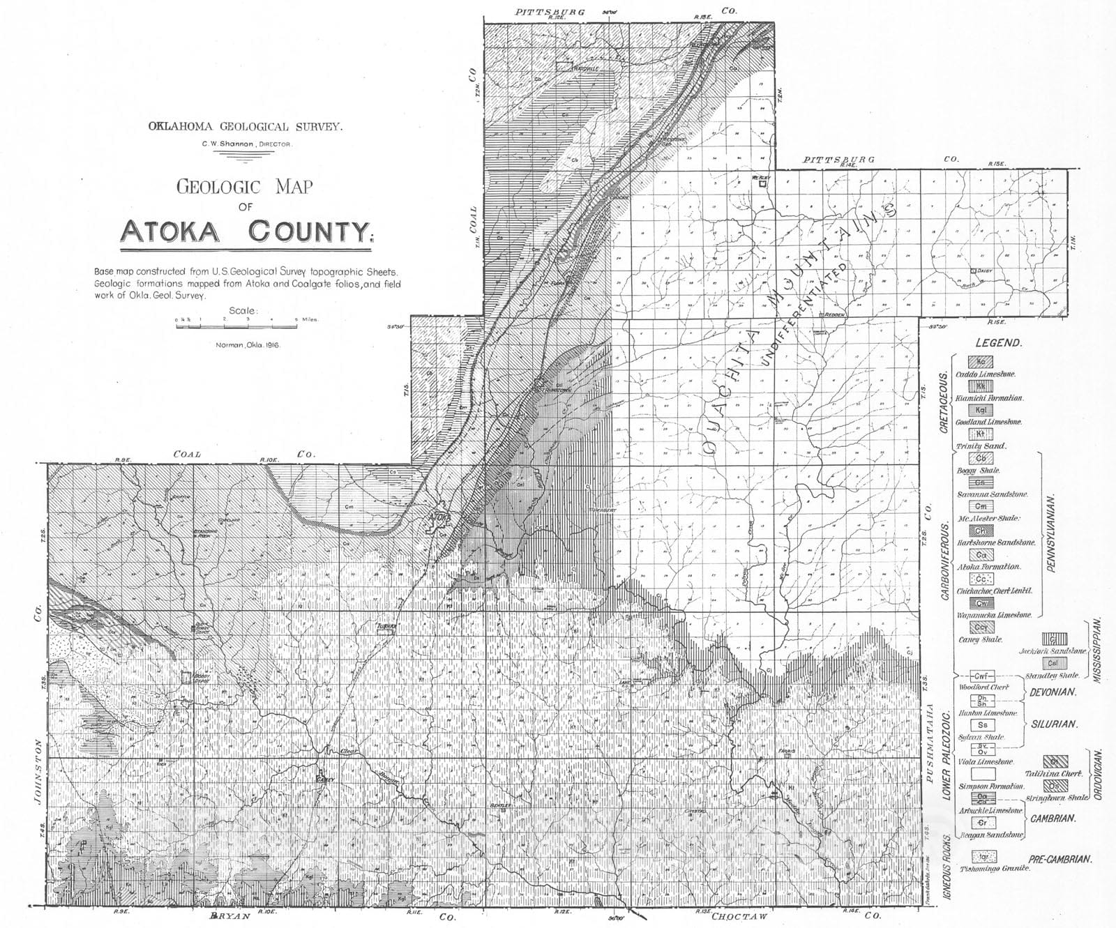 Map : Plate 5. Geologic map of Atoka County, 1915 Cartography Wall Art :