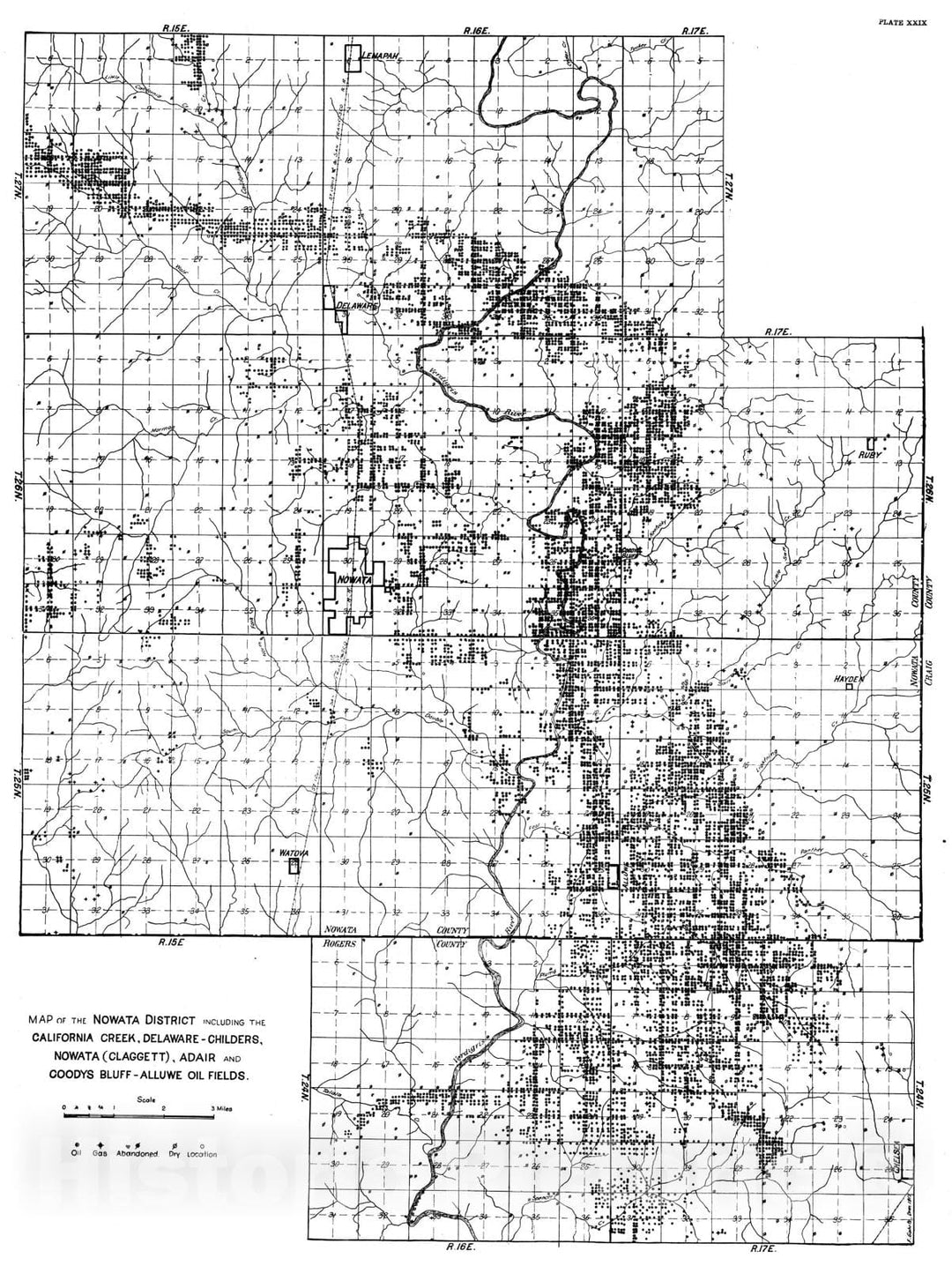 Map : Plate 29. Map of the Nowata district inclining the California Creek, Delaware-Childers, Nowata (Claggett), Adair and Coodys Bluff-Alluwe Oil fields, 1915 Cartography Wall Art :