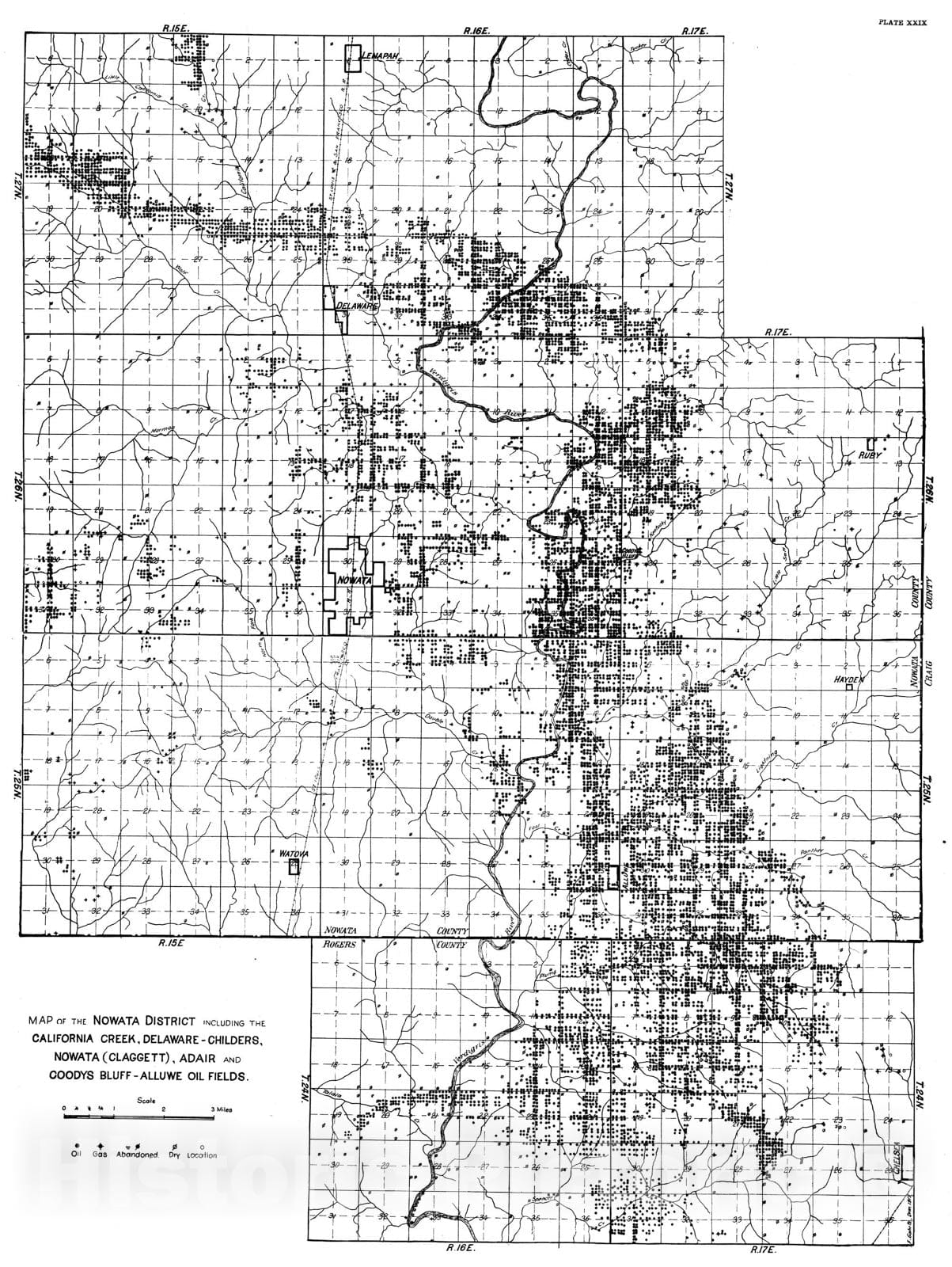 Map : Plate 29. Map of the Nowata district inclining the California Creek, Delaware-Childers, Nowata (Claggett), Adair and Coodys Bluff-Alluwe Oil fields, 1915 Cartography Wall Art :
