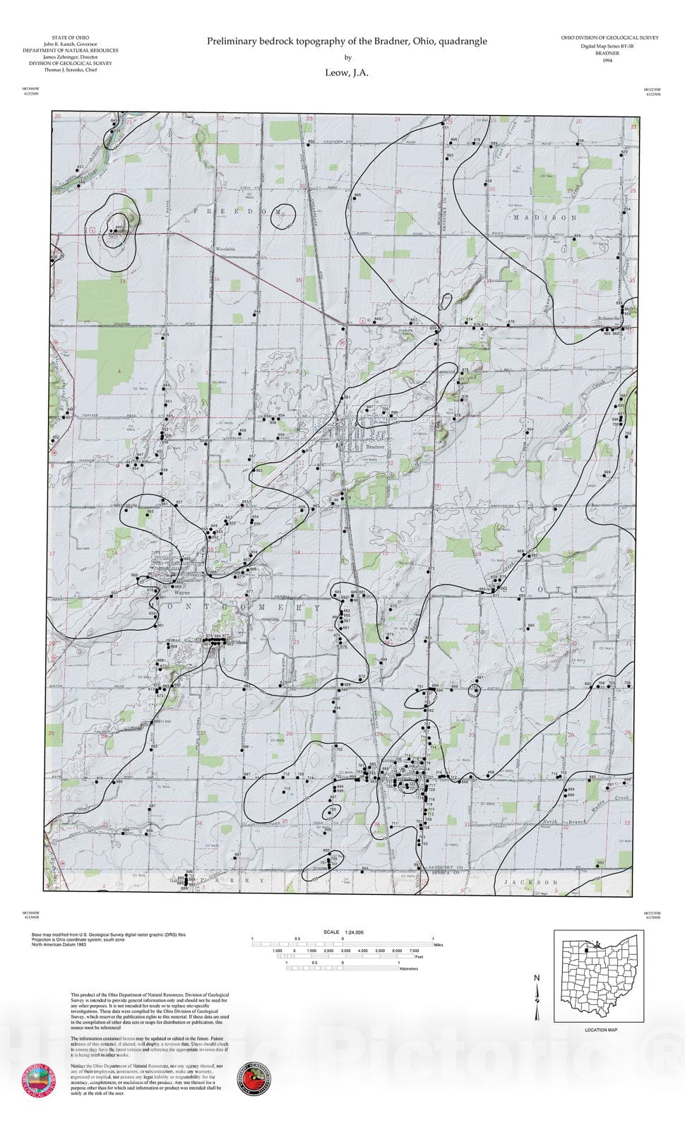 Map : Preliminary bedrock topography of the Bradner, Ohio, quadrangle, 1994 Cartography Wall Art :