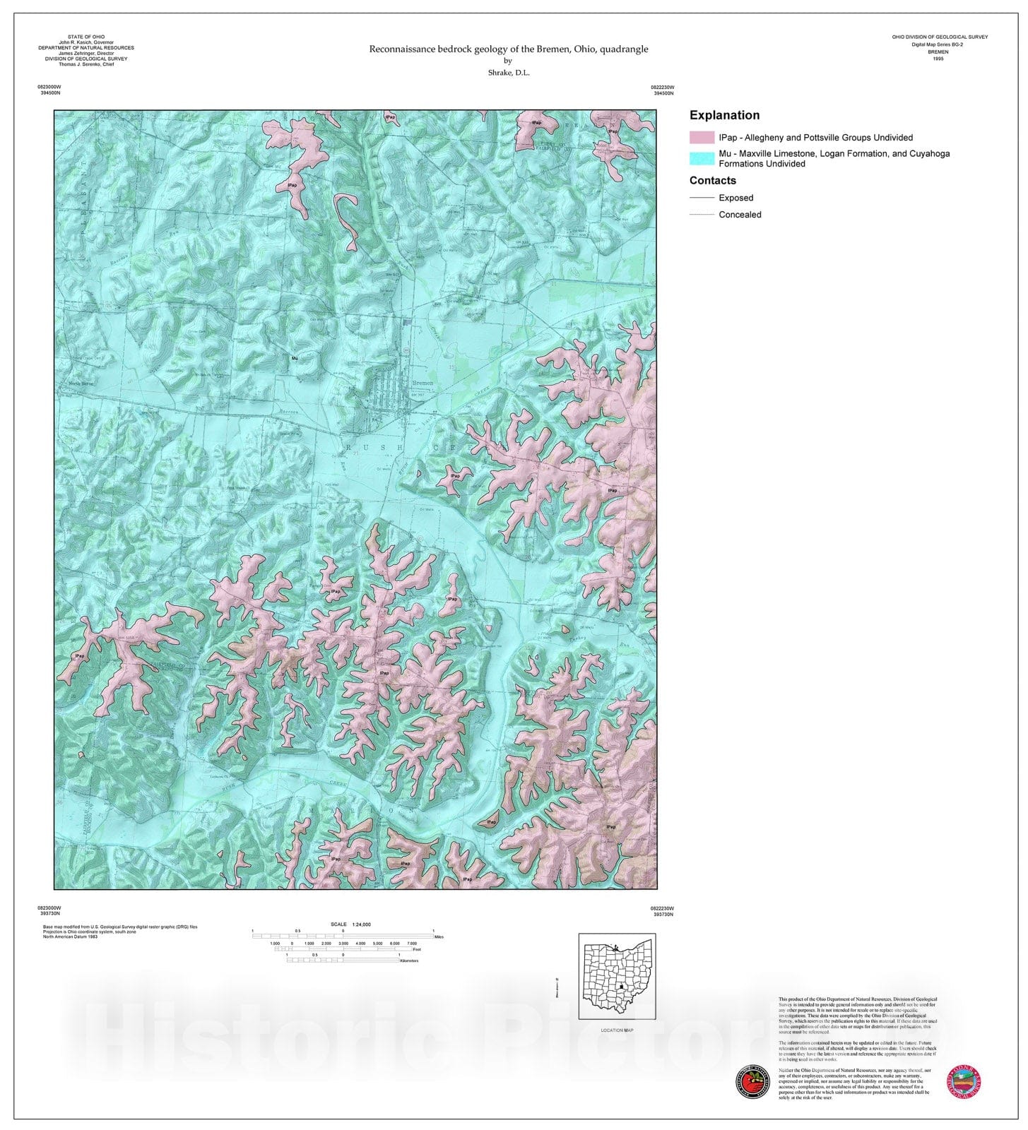 Map : Reconnaissance bedrock geology of the Bremen, Ohio, quadrangle, 1995 Cartography Wall Art :