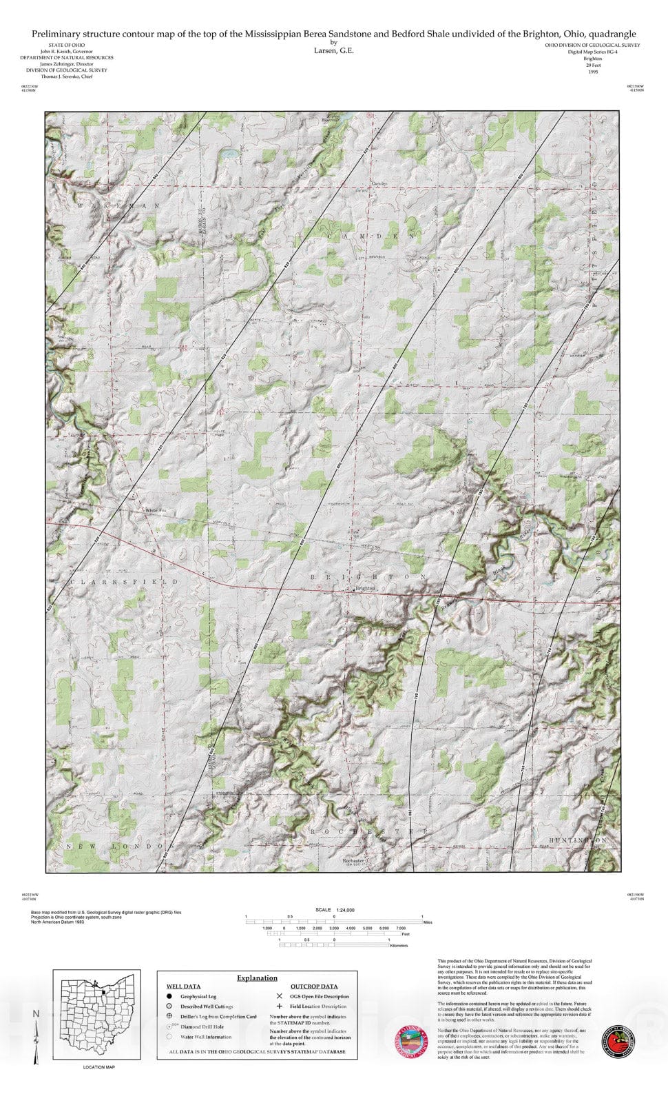 Map : Preliminary structure contour map of the top of the Mississippian Berea Sandstone and Bedford Shale undivided of the Brighton, Ohio, quadrangle, 1995 Cartography Wall Art :