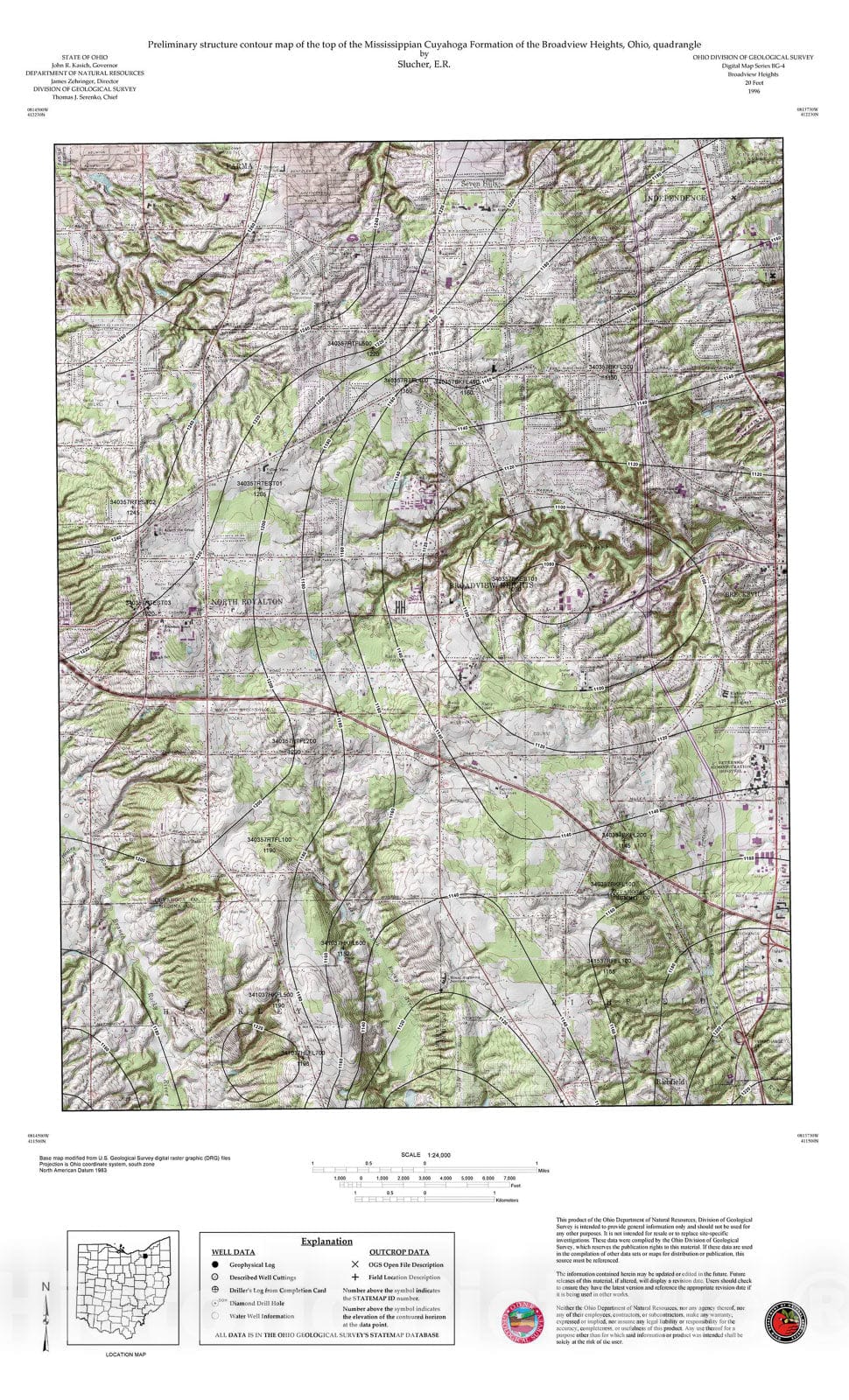 Map : Preliminary structure contour map of the top of the Mississippian Cuyahoga Formation of the Broadview Heights, Ohio, quadrangle, 1996 Cartography Wall Art :