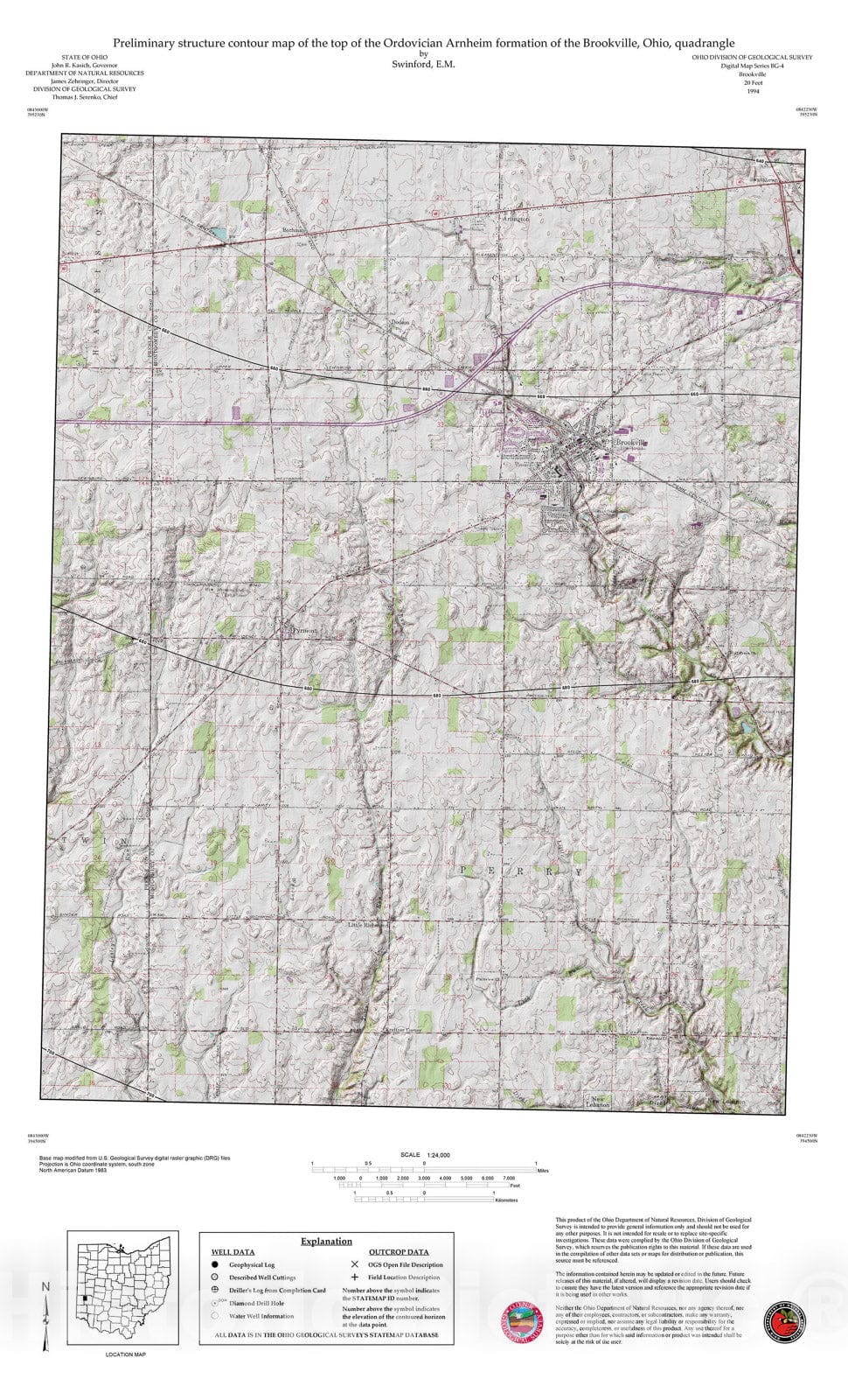 Map : Preliminary structure contour map of the top of the Ordovician Arnheim formation of the Brookville, Ohio, quadrangle, 1994 Cartography Wall Art :