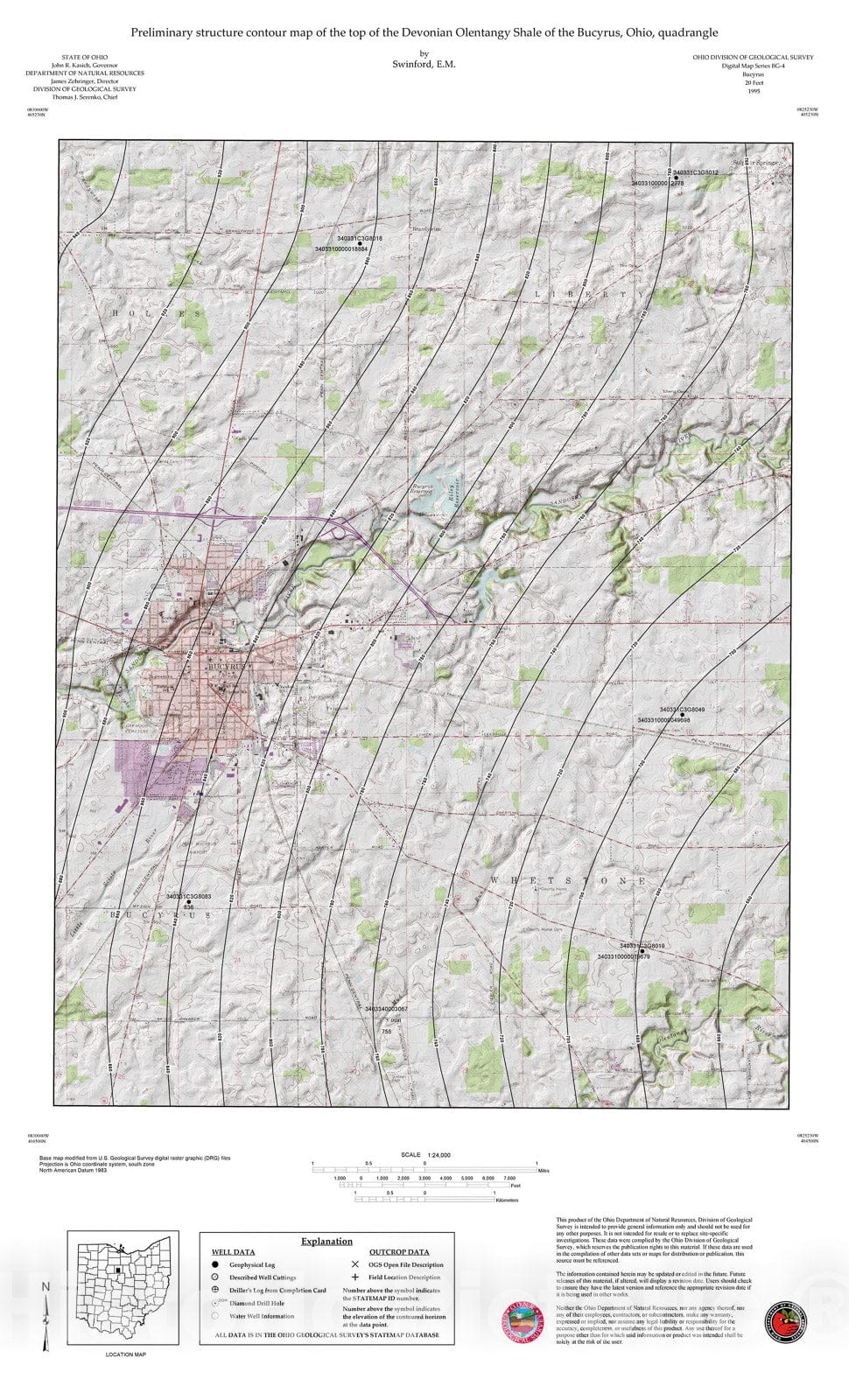 Map : Preliminary structure contour map of the top of the Devonian Olentangy Shale of the Bucyrus, Ohio, quadrangle, 1995 Cartography Wall Art :