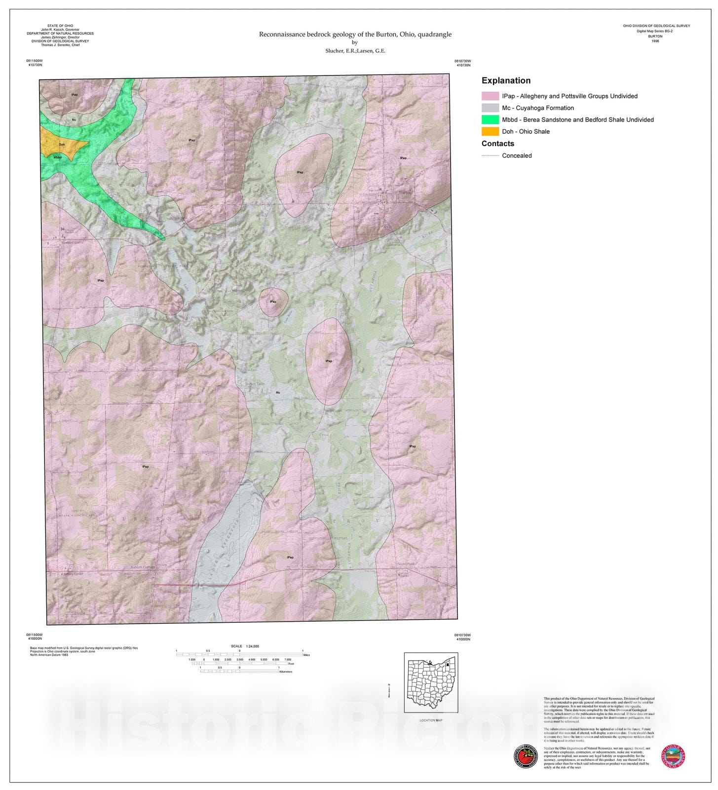 Map : Reconnaissance bedrock geology of the Burton, Ohio, quadrangle, 1996 Cartography Wall Art :