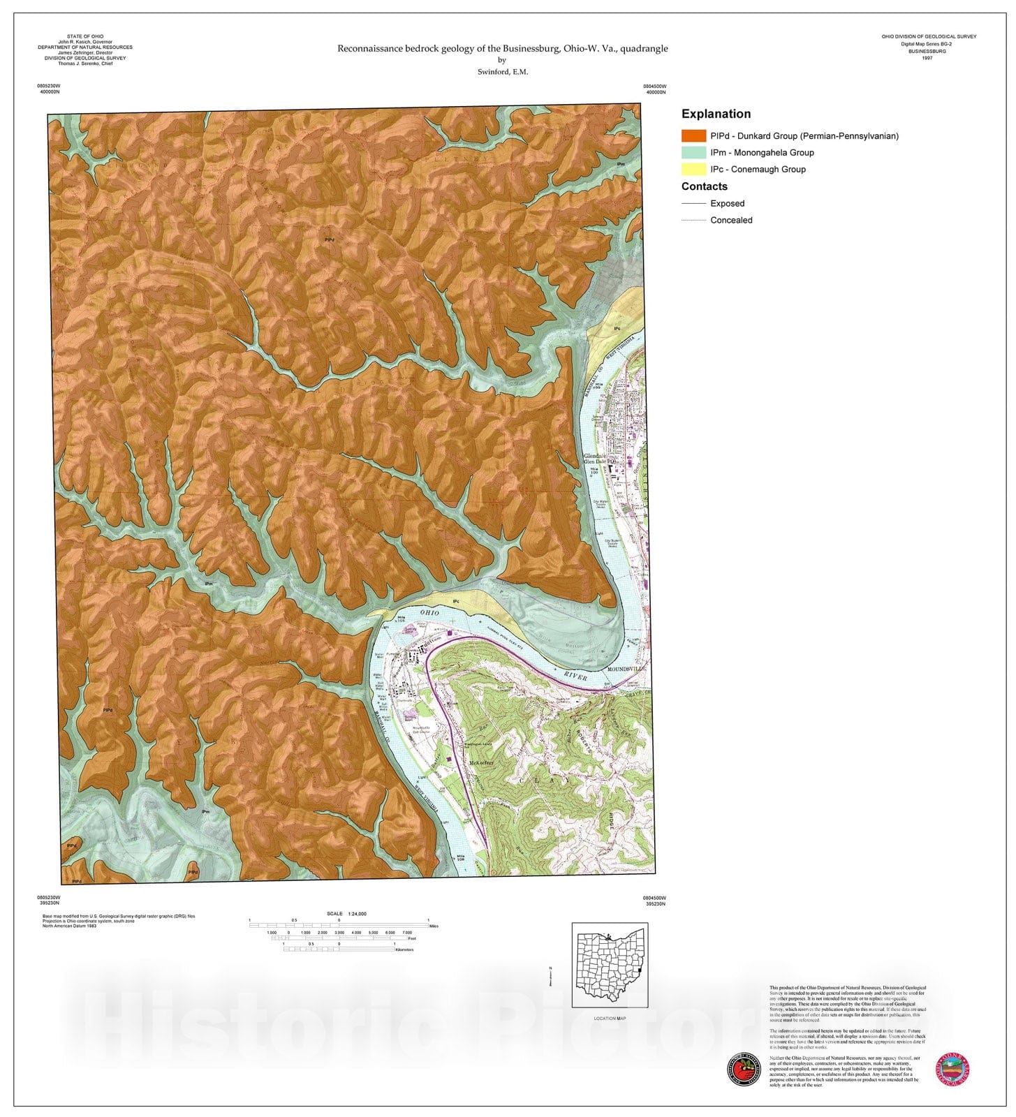Map : Reconnaissance bedrock geology of the Businessburg, Ohio-W. Va., quadrangle, 1997 Cartography Wall Art :