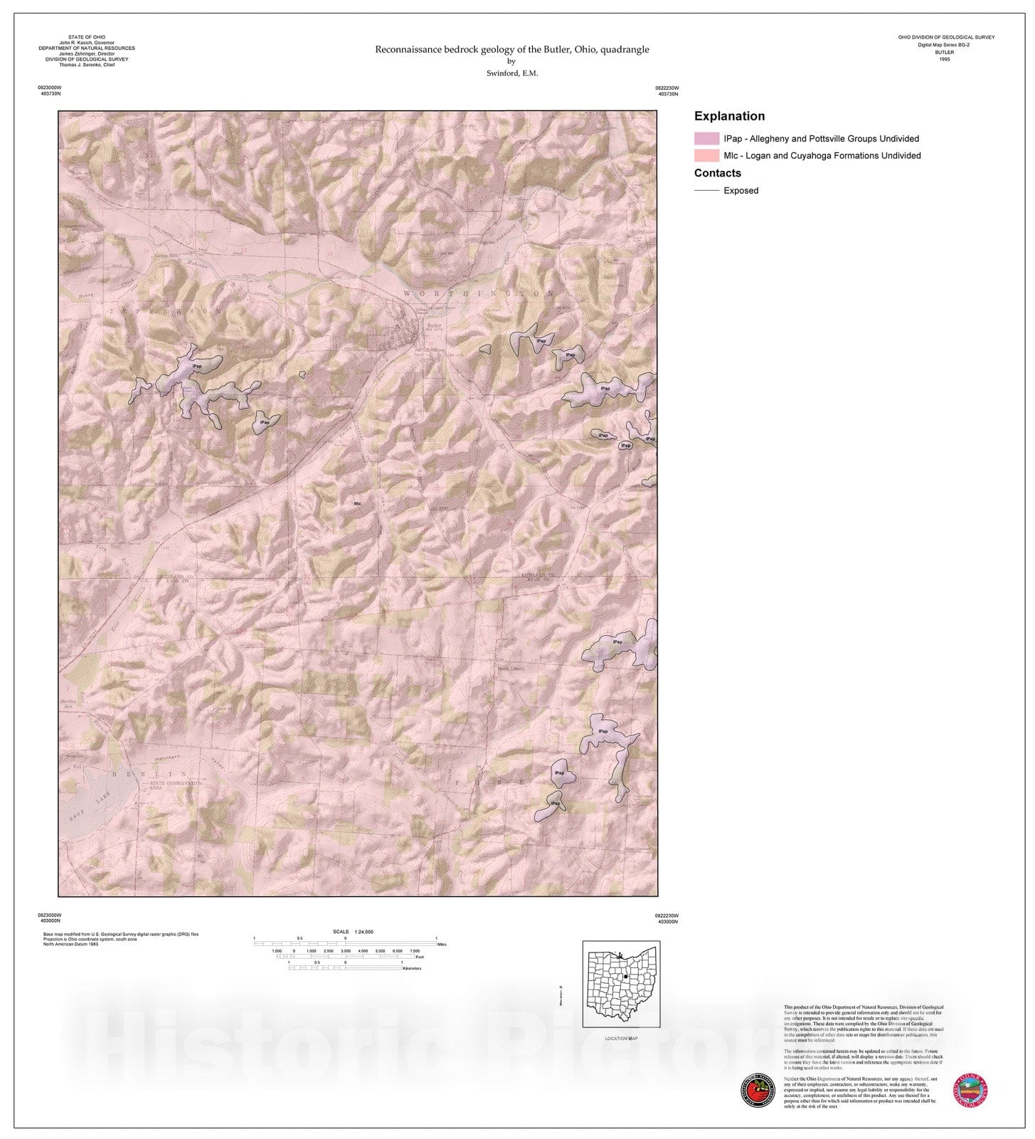 Map : Reconnaissance bedrock geology of the Butler, Ohio, quadrangle, 1995 Cartography Wall Art :