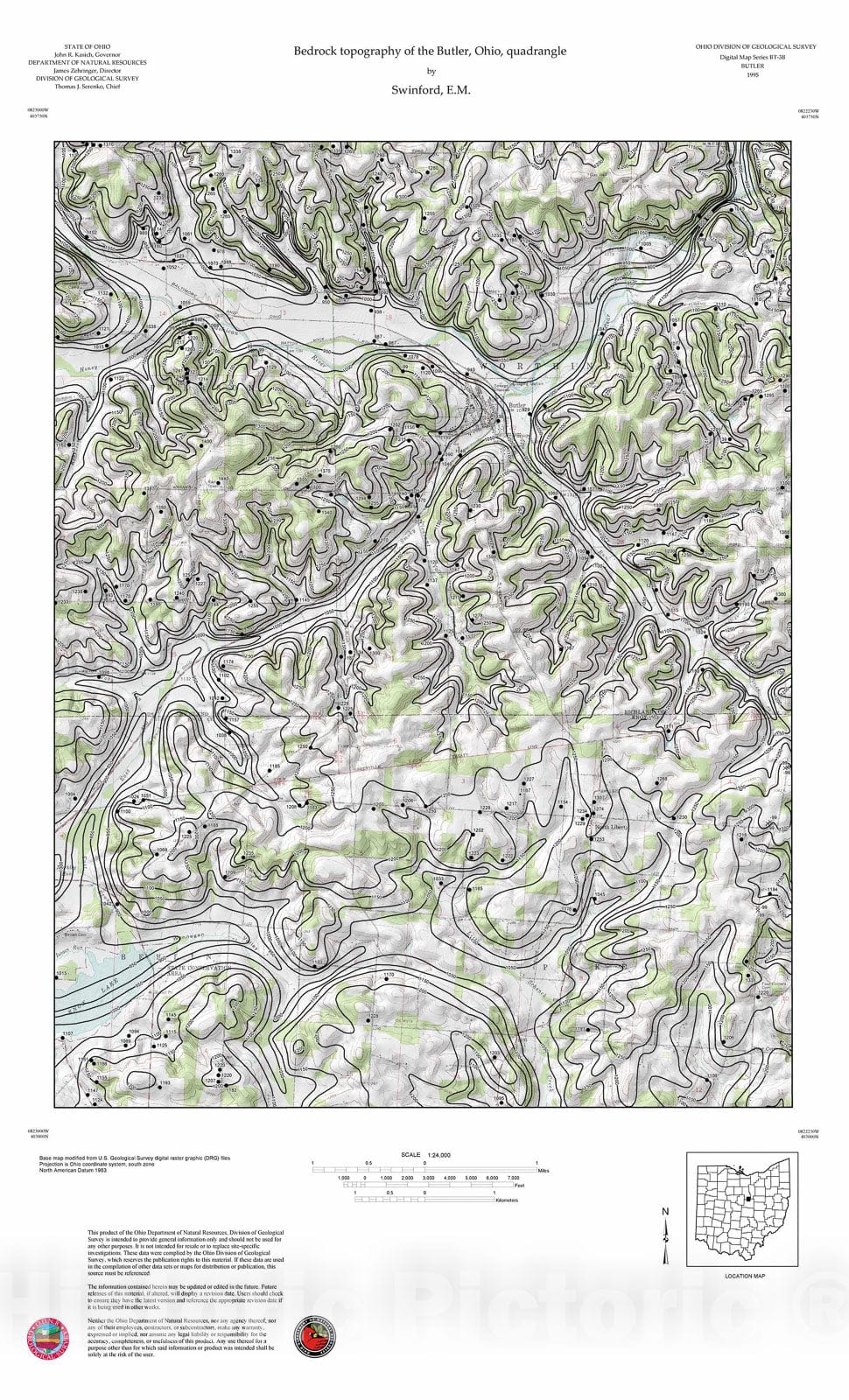 Map : Bedrock topography of the Butler, Ohio, quadrangle, 1995 Cartography Wall Art :