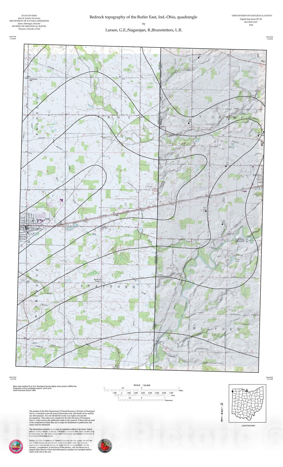 Map : Bedrock topography of the Butler East, Ind.-Ohio, quadrangle, 1994 Cartography Wall Art :