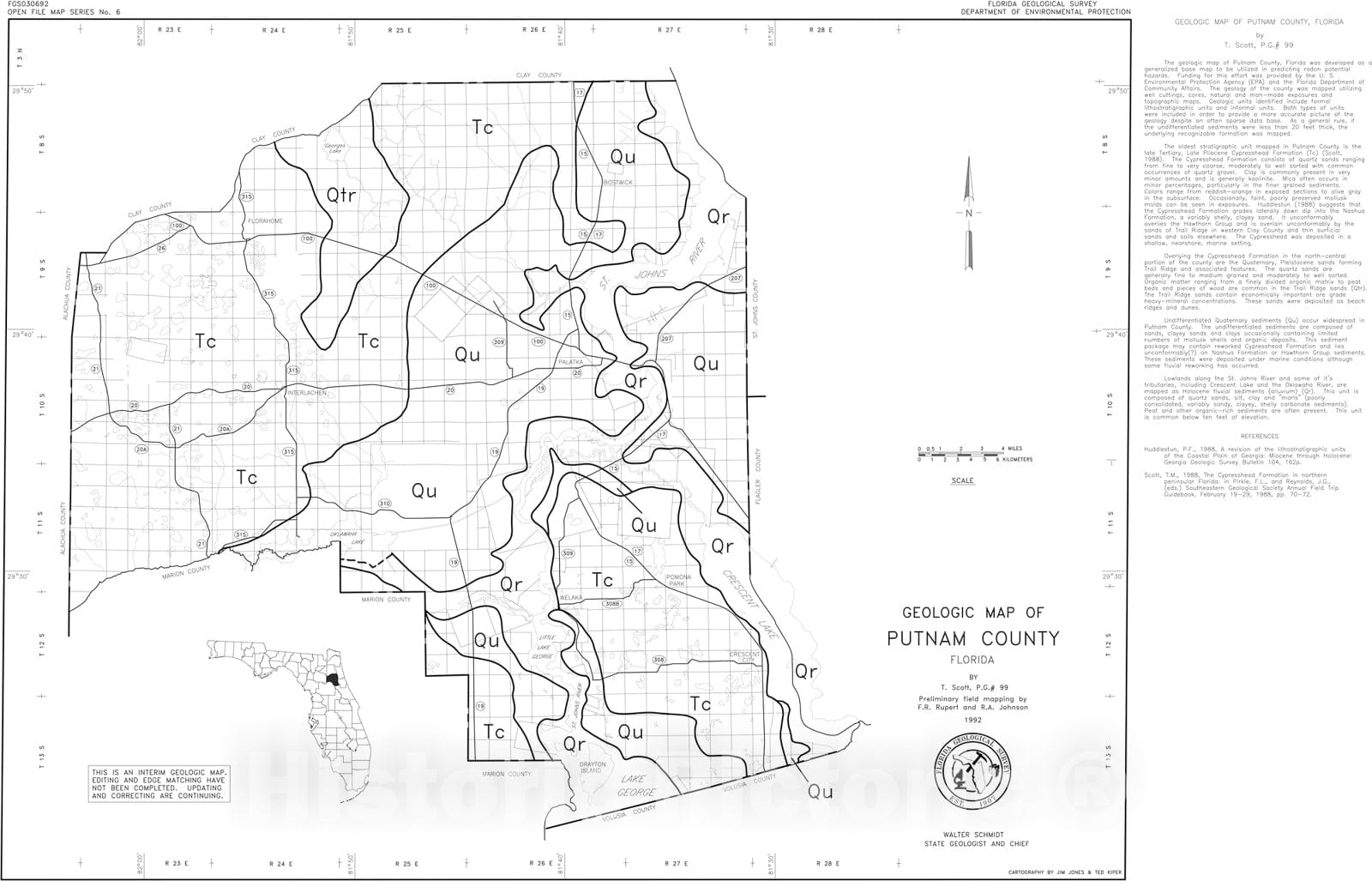 Map : Geologic map of Putnam County, Florida, 1992 Cartography Wall Art :