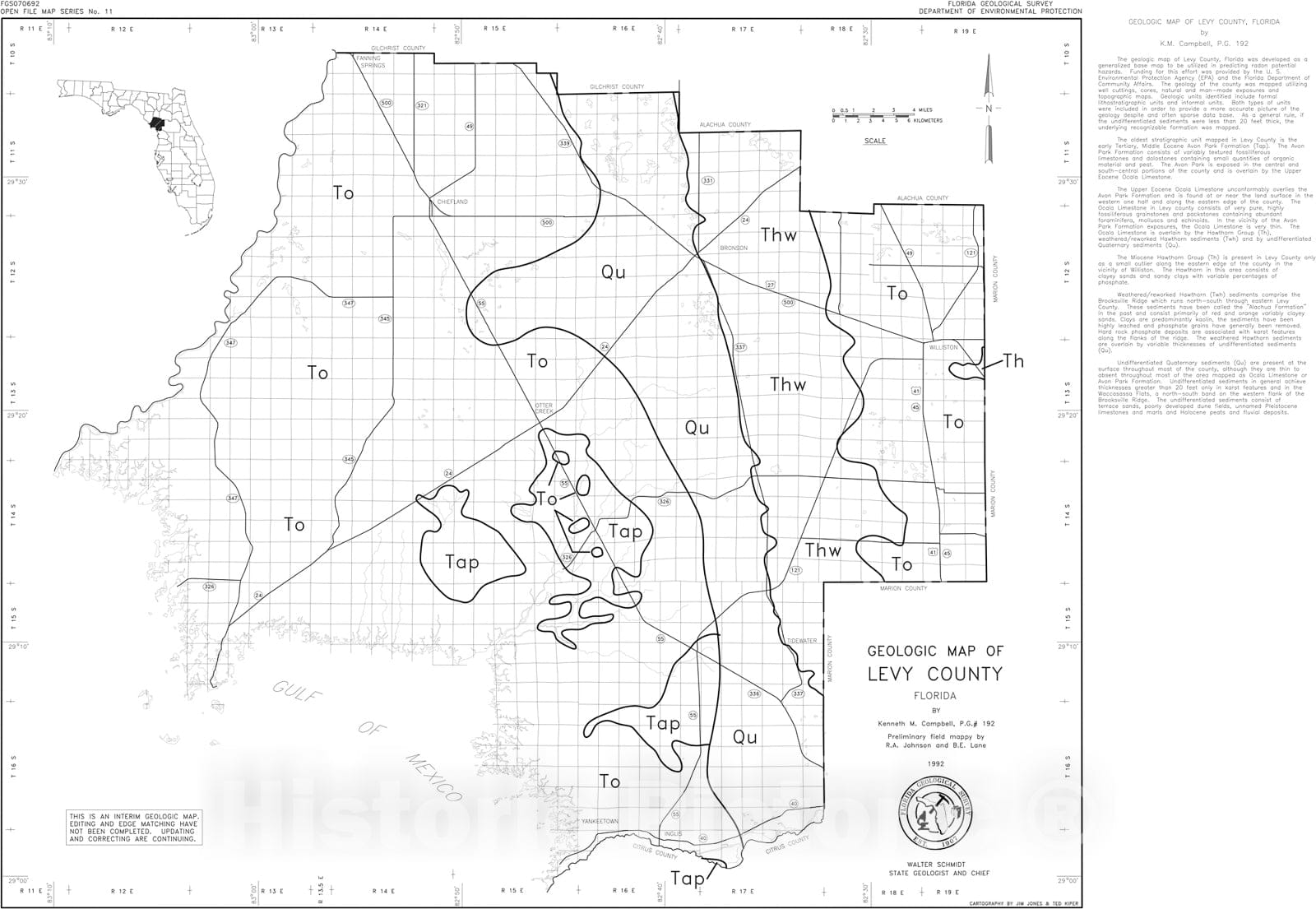 Map : Geologic map of Levy County, Florida, 1992 Cartography Wall Art :