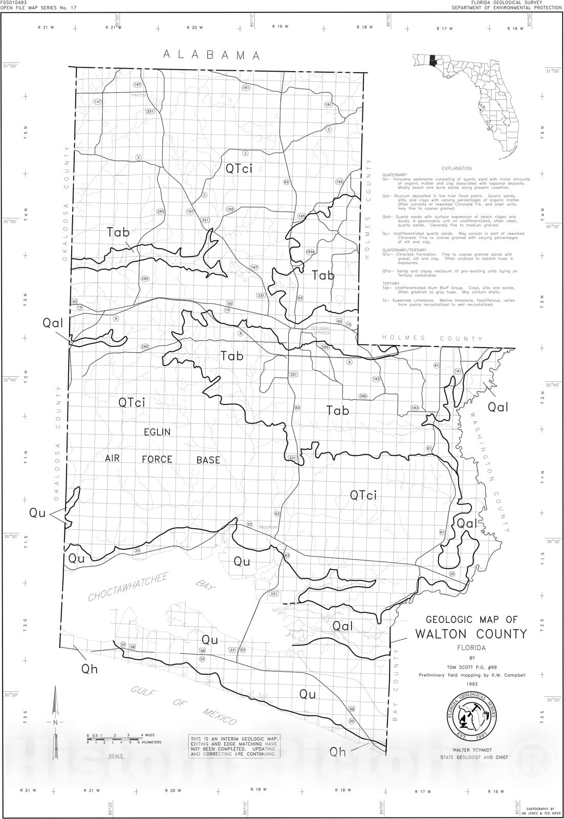 Map : Geologic map of Walton County, Florida, 1993 Cartography Wall Art :