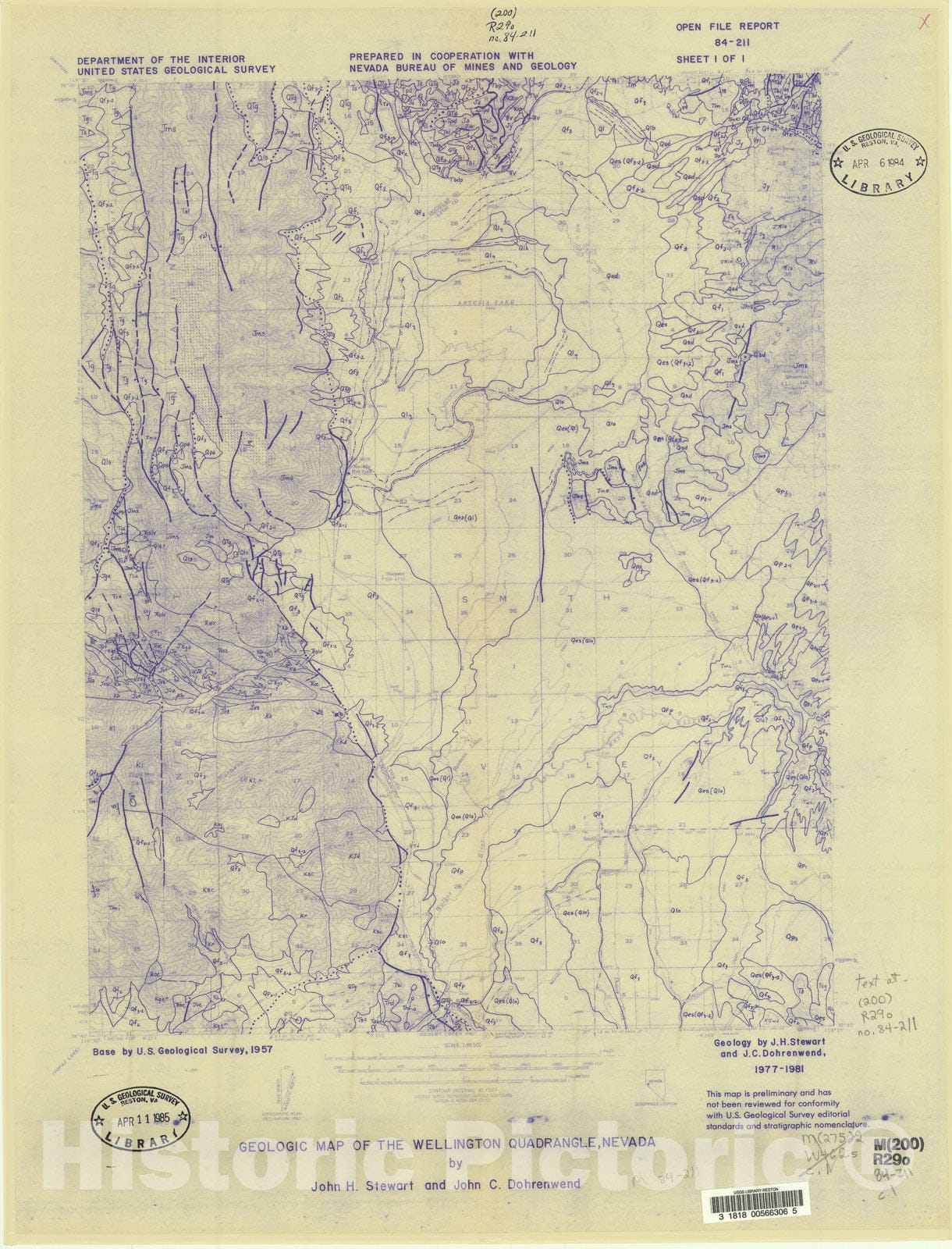 Map : Geologic map of the Wellington quadrangle, Nevada, 1981 Cartography Wall Art :