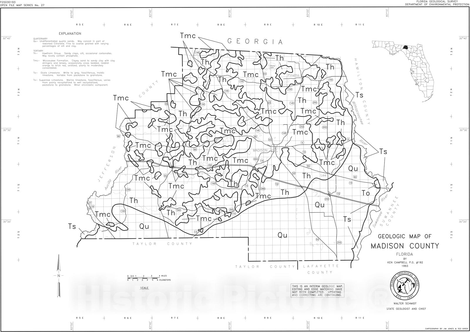 Map : Geologic map of Madison County, Florida, 1993 Cartography Wall Art :