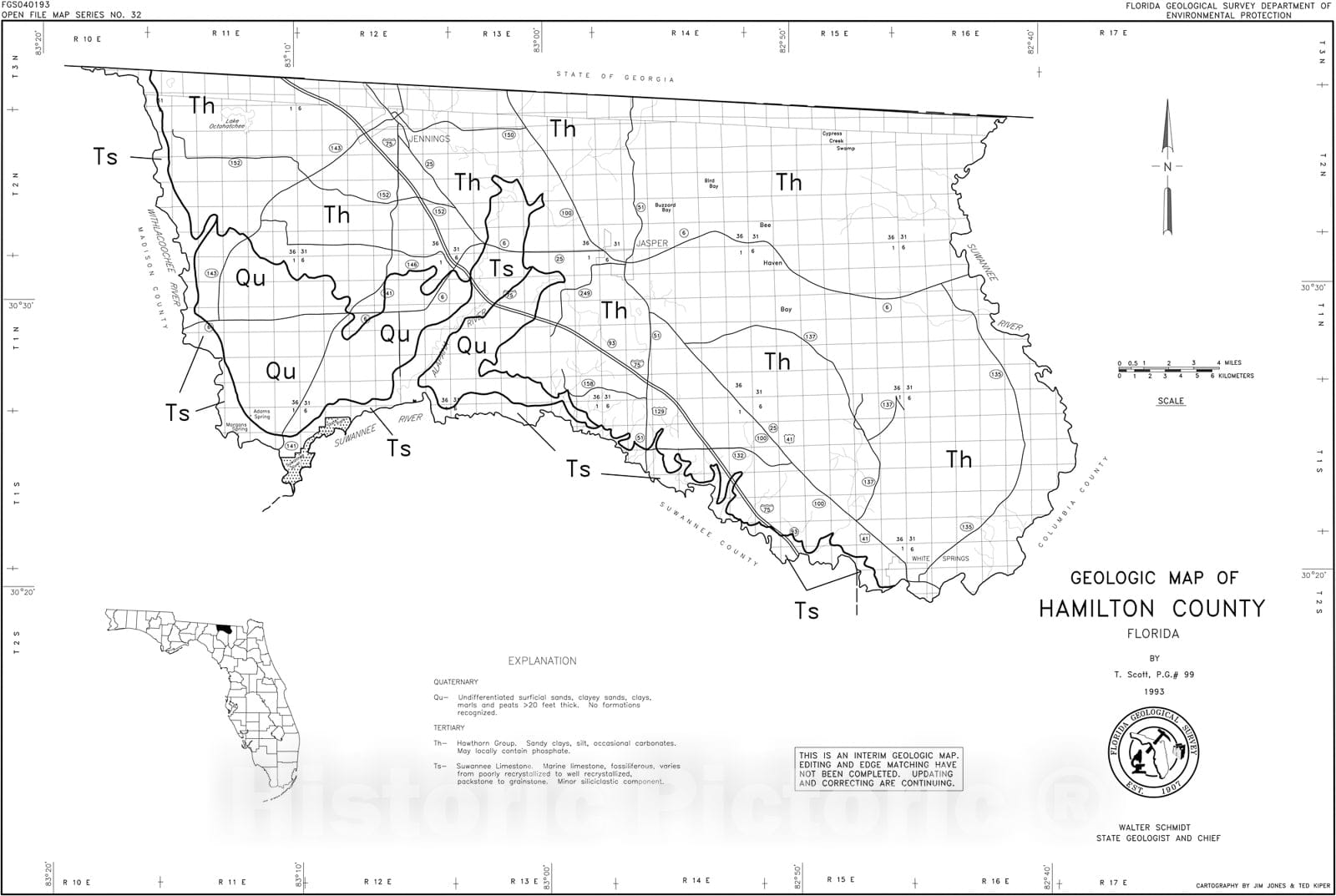 Map : Geologic map of Hamilton County, Florida, 1993 Cartography Wall Art :