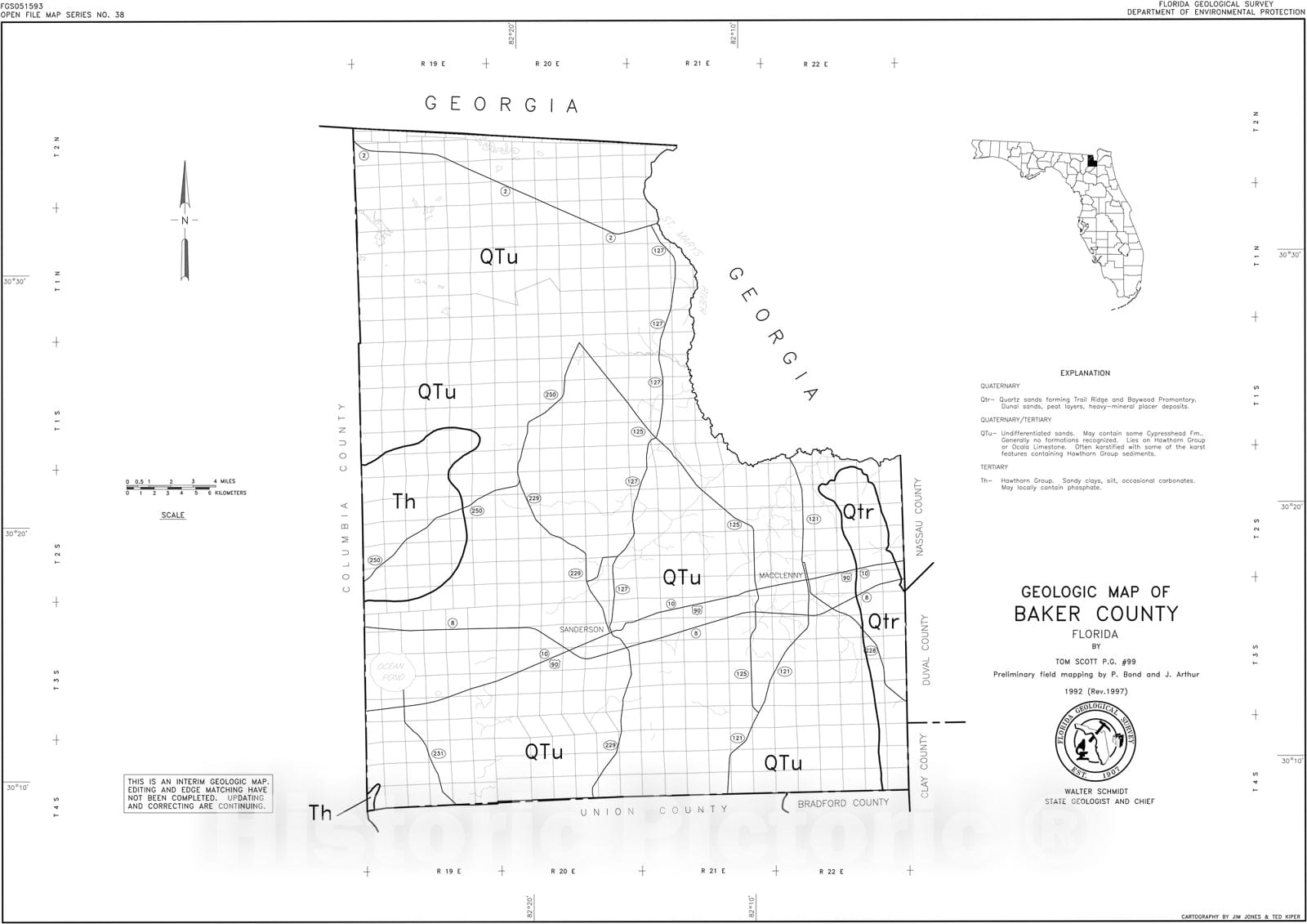 Map : Geologic map of Baker County, Florida, 1993 Cartography Wall Art :