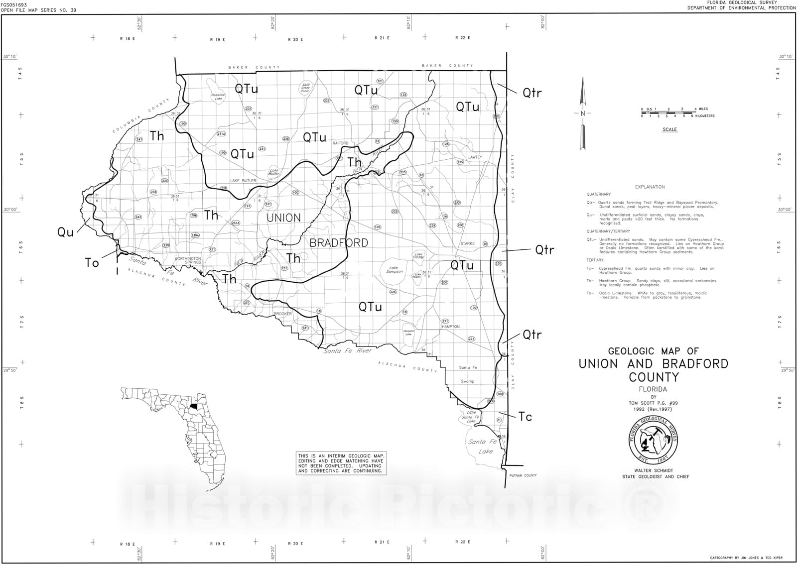 Map : Geologic map of Union and Bradford counties, Florida, 1993 Cartography Wall Art :