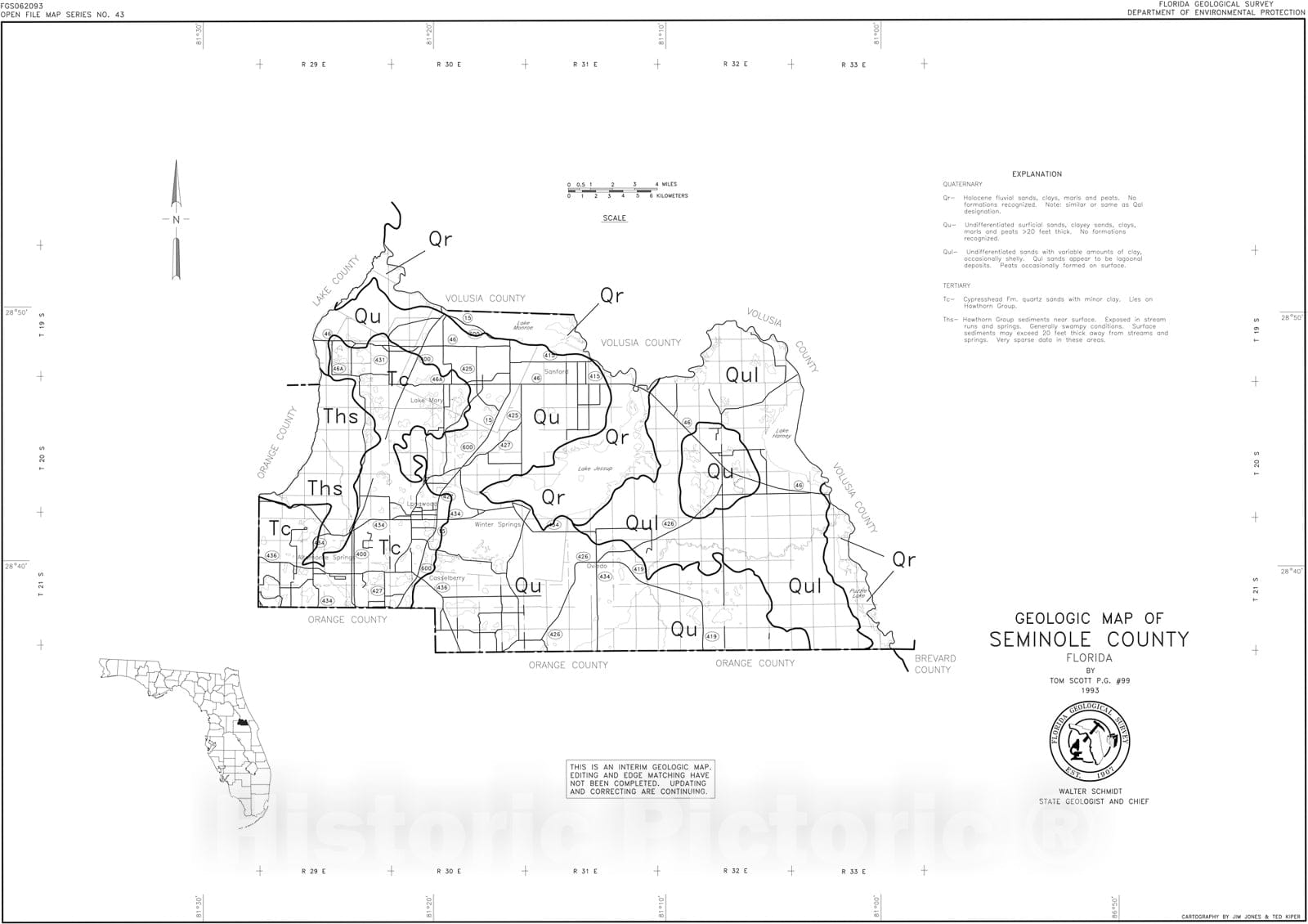 Map : Geologic map of Seminole County, Florida, 1993 Cartography Wall Art :