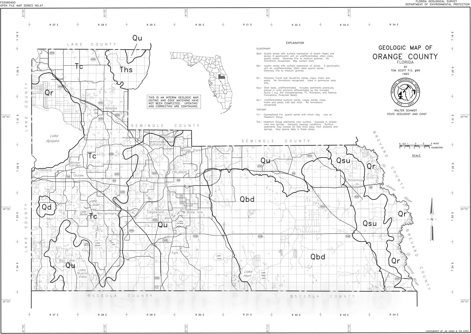 Map : Geologic map of Orange County, Florida, 1993 Cartography Wall Art :