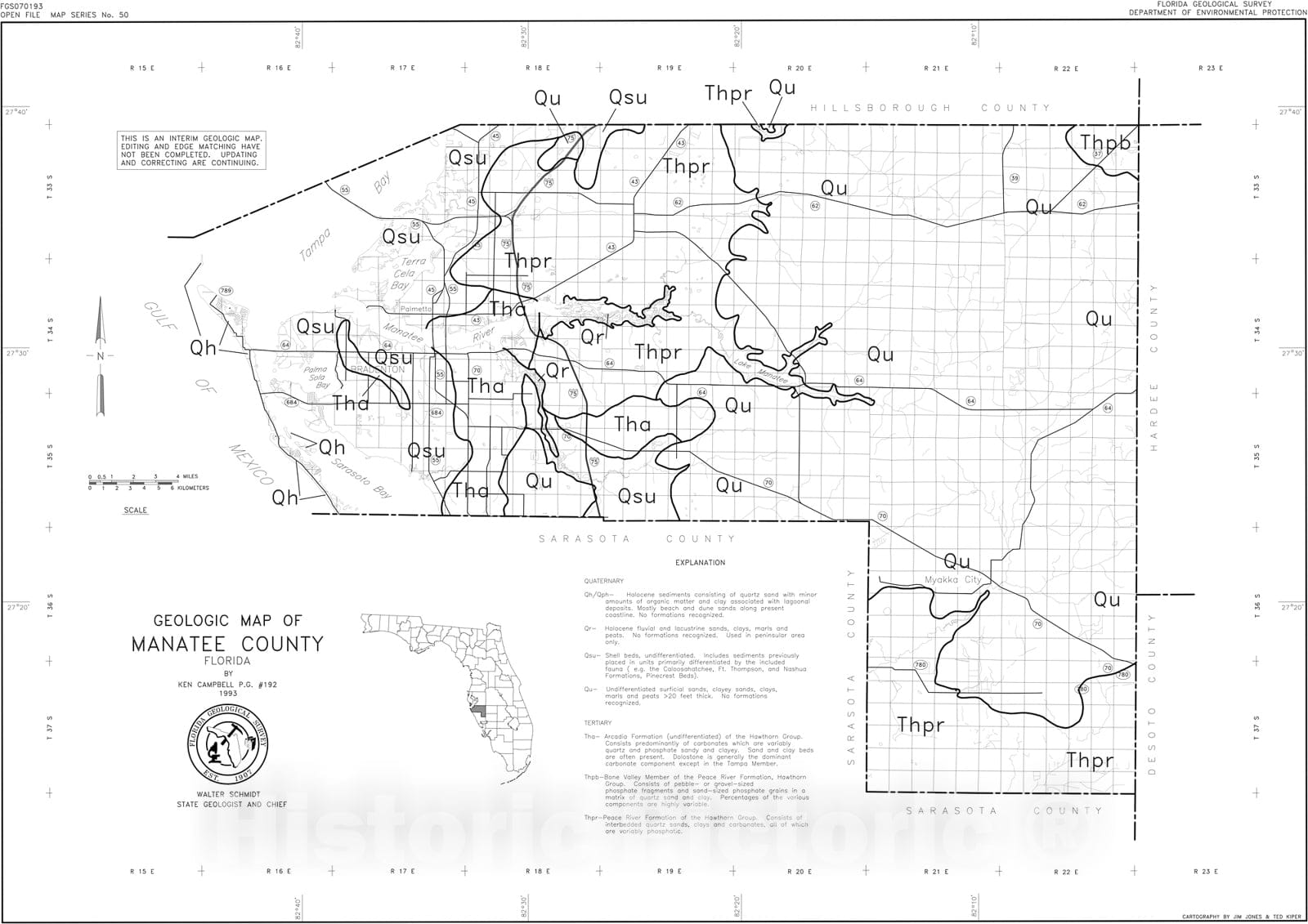 Map : Geologic map of Manatee County, Florida, 1993 Cartography Wall Art :