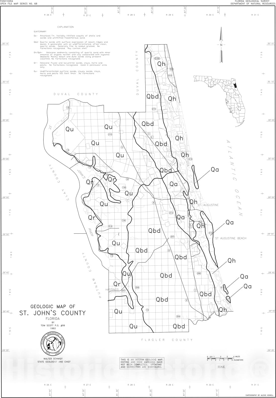 Map : Geologic map of St. Johns County, Florida, 1994 Cartography Wall Art :