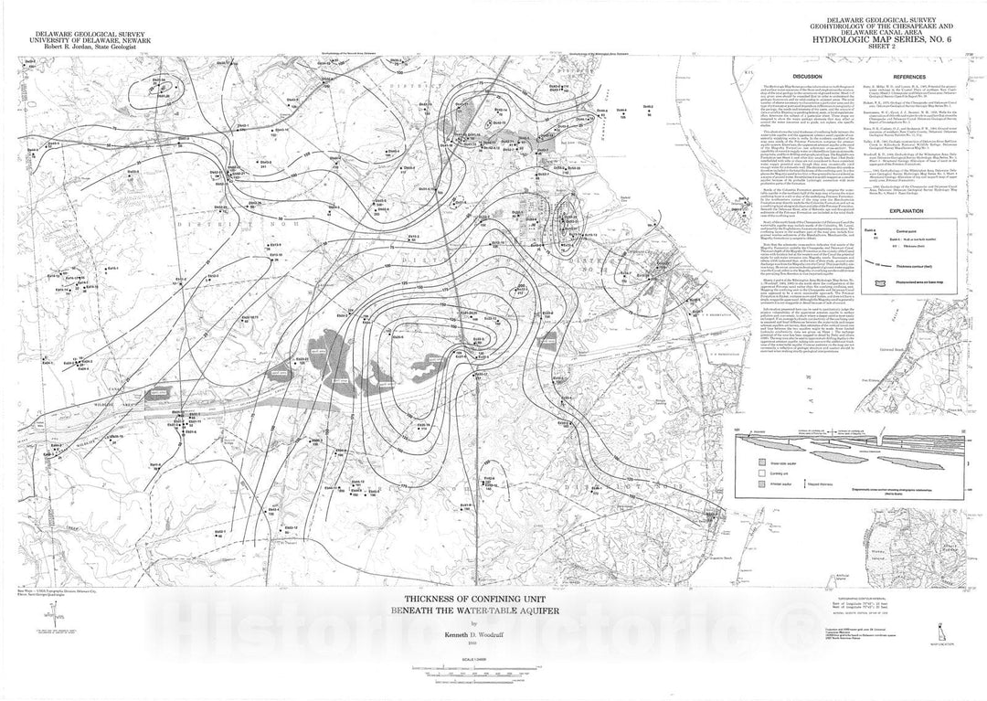 Map : Geohydrology of the Chesapeake and Delaware Canal area, Delaware, sheet 2, thickness of confining unit beneath the water-table aquifer, 1988 Cartography Wall Art :