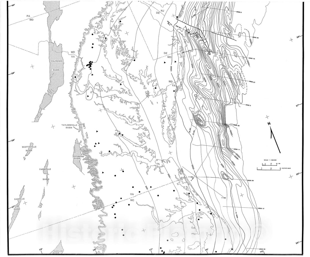Map : Structure contour map of pre-Mesozoic basement, landward margin of Baltimore Canyon trough, 1984 Cartography Wall Art :