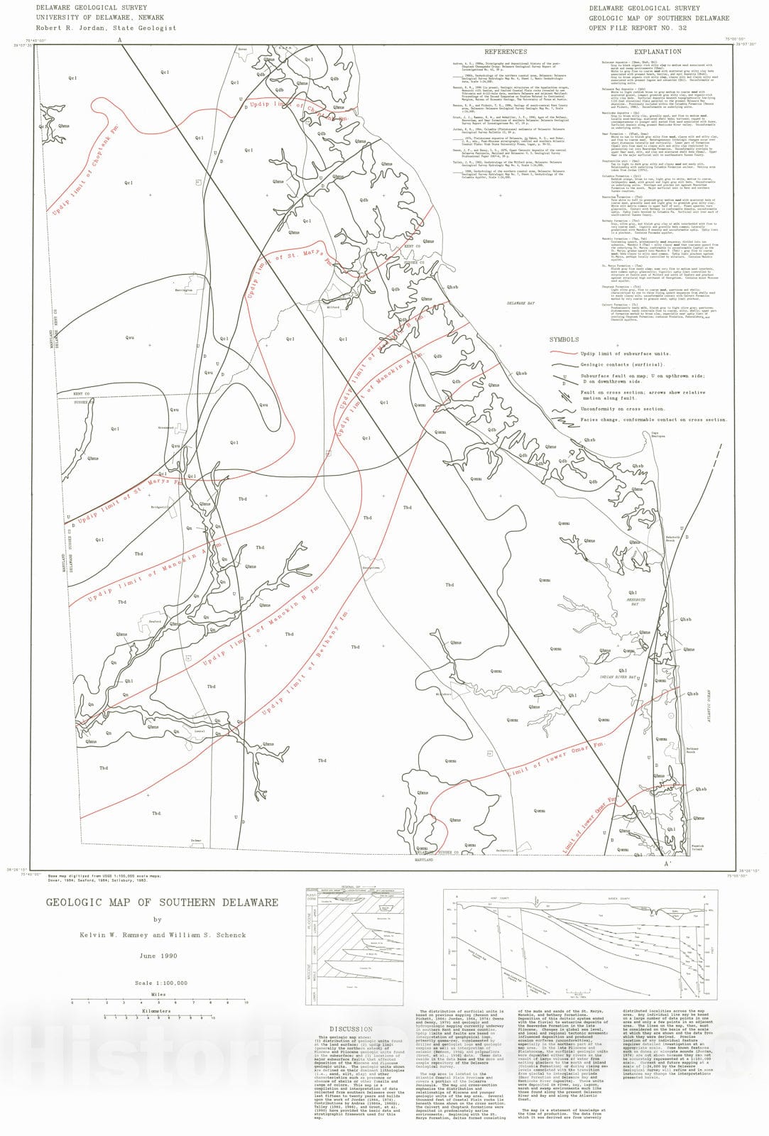 Map : Geologic map of southern Delaware, 1990 Cartography Wall Art :