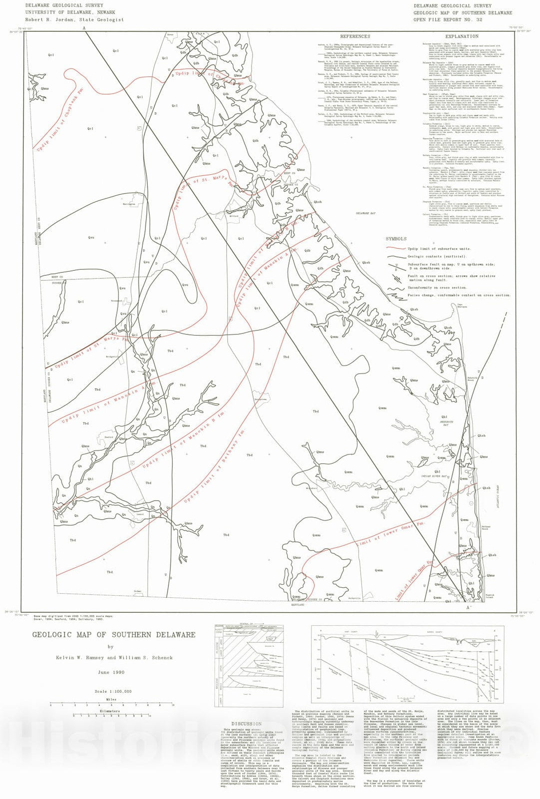 Map : Geologic map of southern Delaware, 1990 Cartography Wall Art :