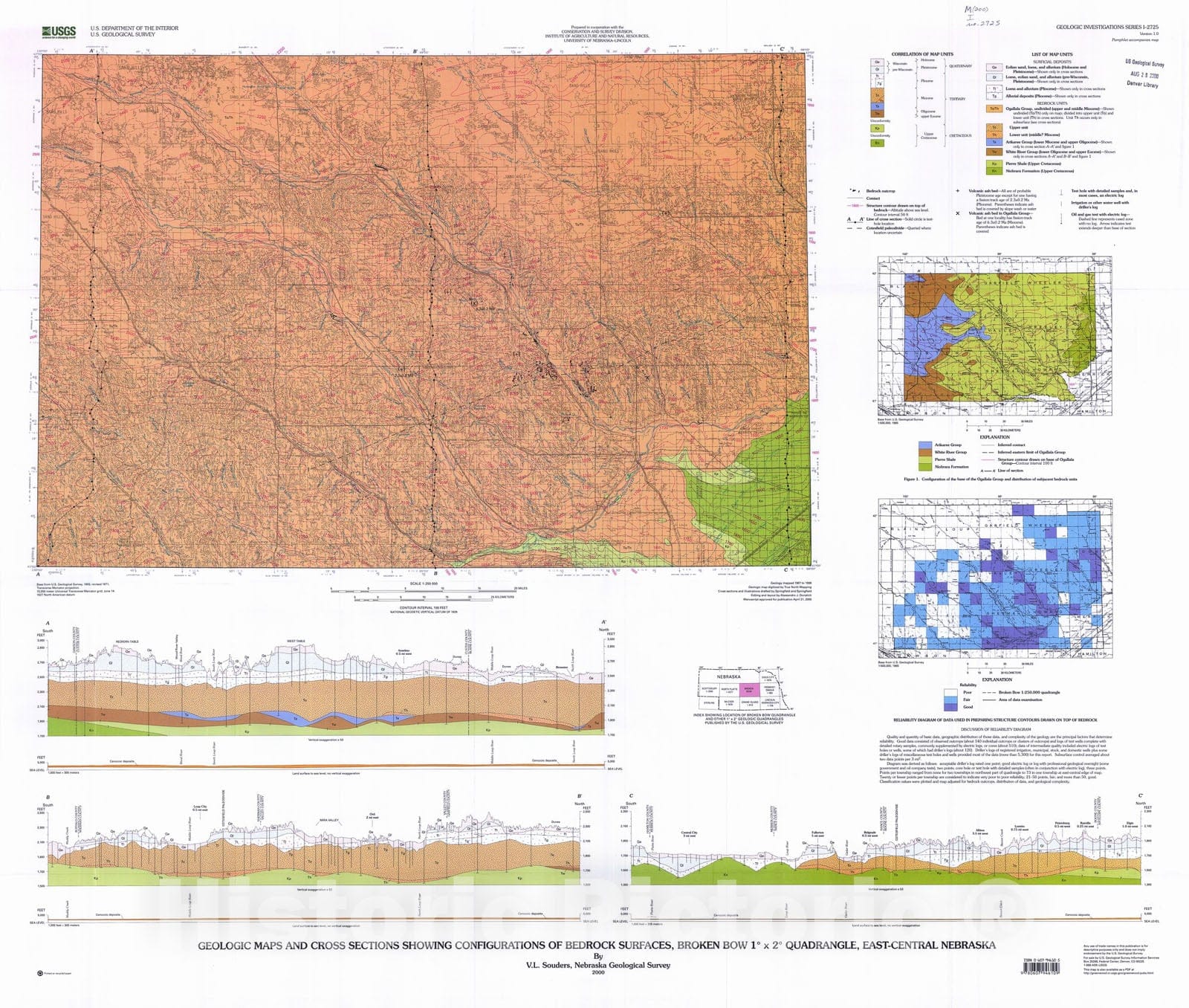 Map : Geologic map and cross sections showing configurations of bedrock surfaces, Broken Bow one degree X two degree quadrangle, east-central Nebraska, two000 Cartography Wall Art :
