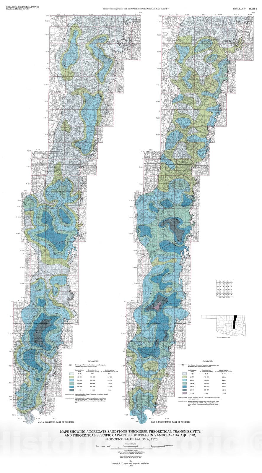 Map : Plate 2. Maps showing aggregate sandstone thickness theoretical transmissivity and theoretical specific capacities of wells , 1986 Cartography Wall Art :