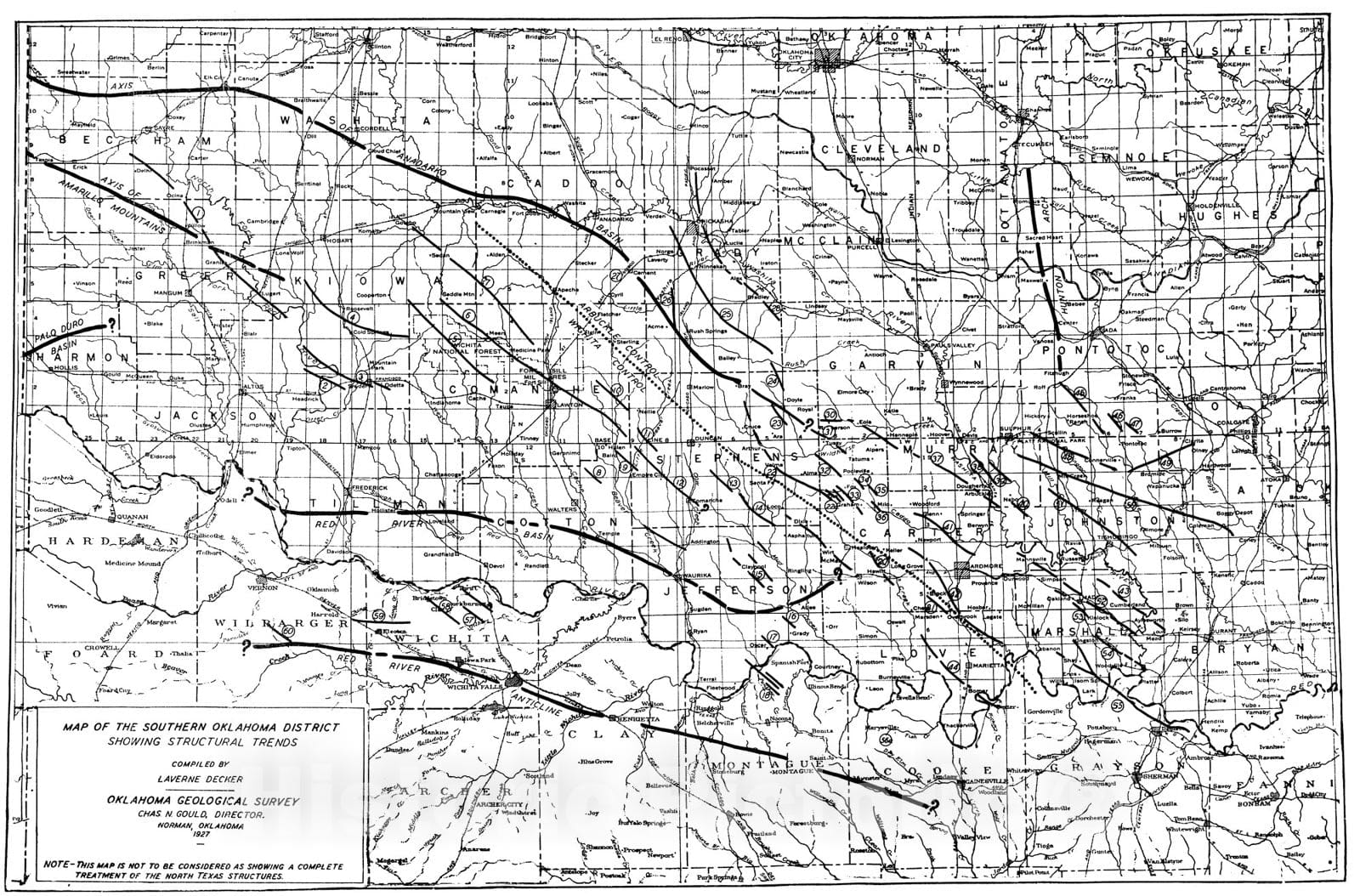 Map : Plate 4. Map of the southern Oklahoma district showing structural trends, 1927 Cartography Wall Art :