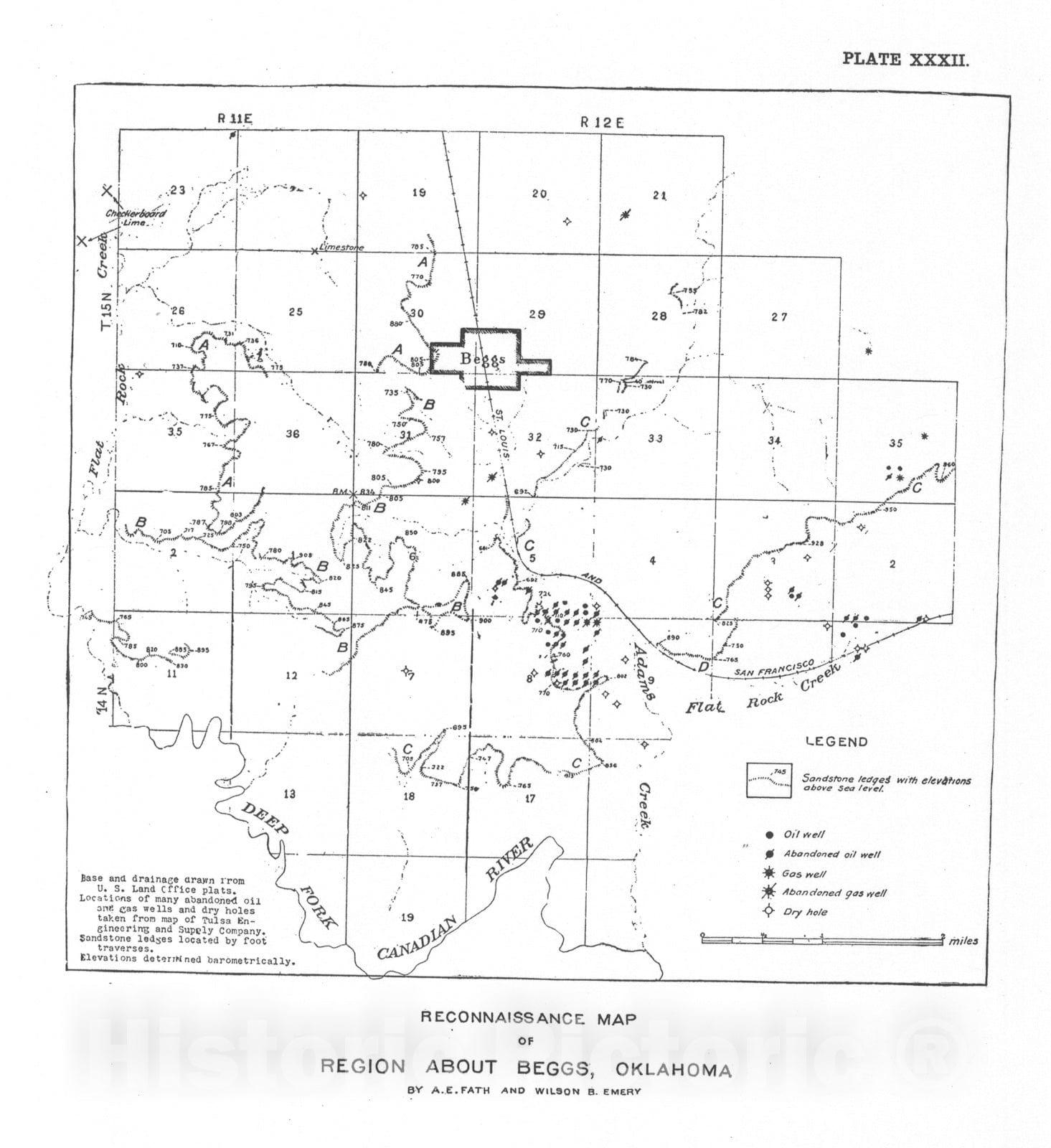 Map : Plate 32. Reconnaissance map of region about Beggs, Oklahoma, 1915 Cartography Wall Art :